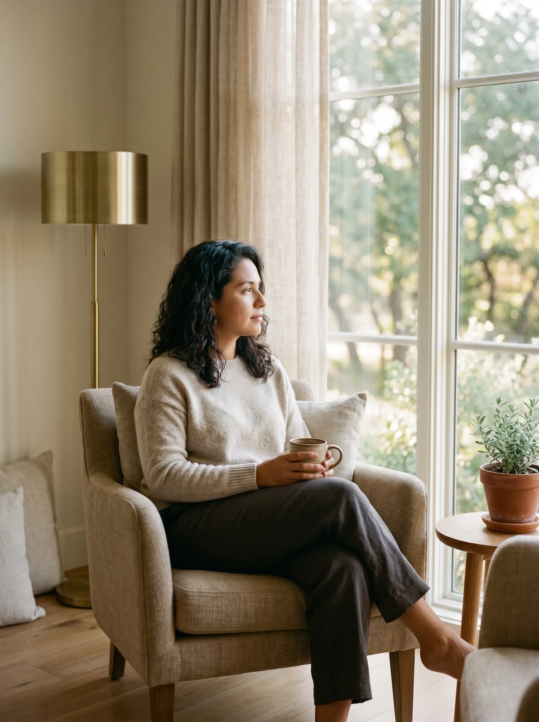 A woman holding a stoneware mug, gazing out a sunlit Hill Country window in soft morning light.