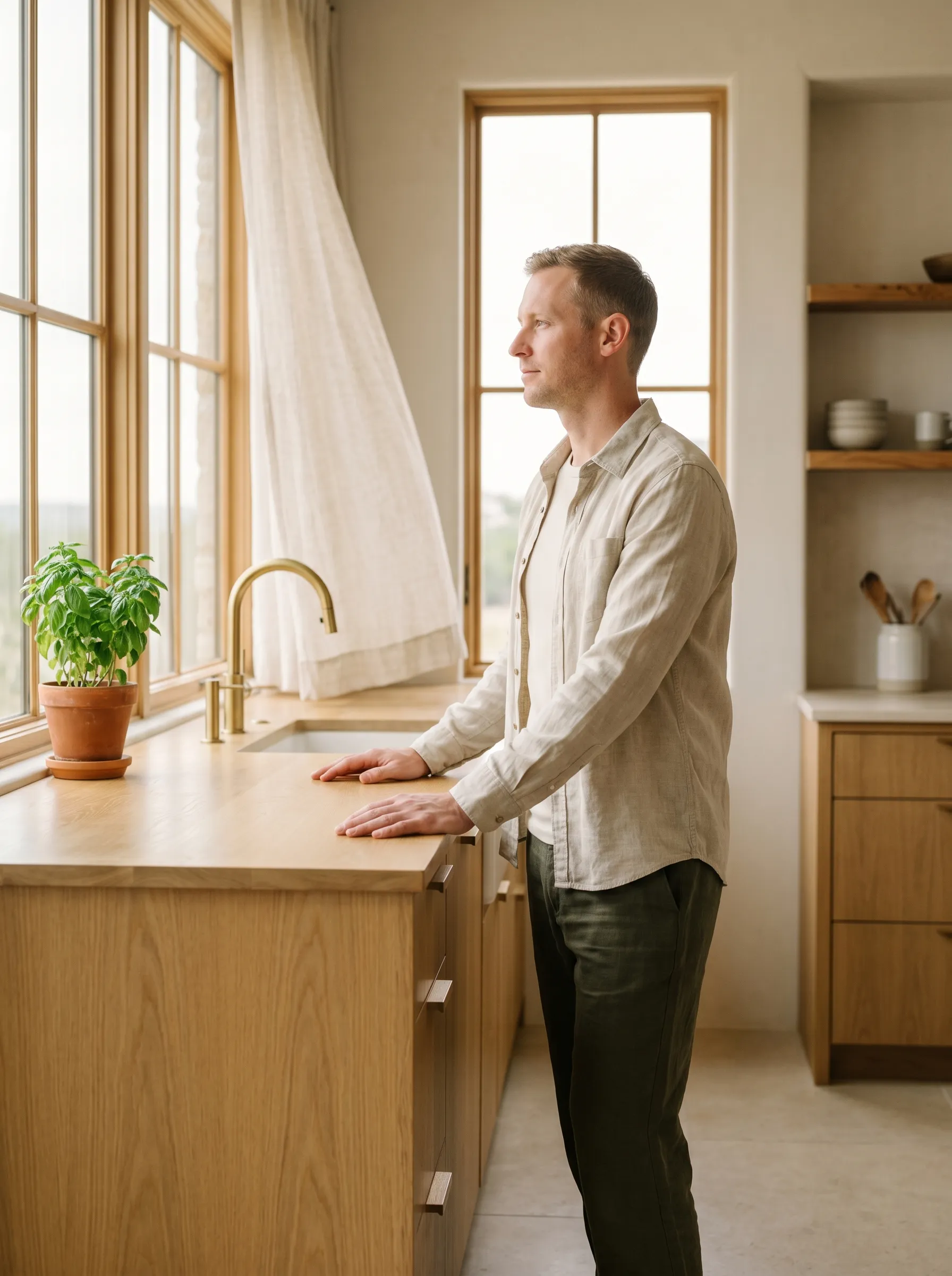 A white man in his late 30s standing three-quarter profile at a sun-warmed warm white-oak kitchen island in a modern Hill Country contemporary kitchen, both hands resting palms-down on the island, calm grounded gaze through a tall paned window above the sink, with potted basil on the windowsill in warm late-morning light.