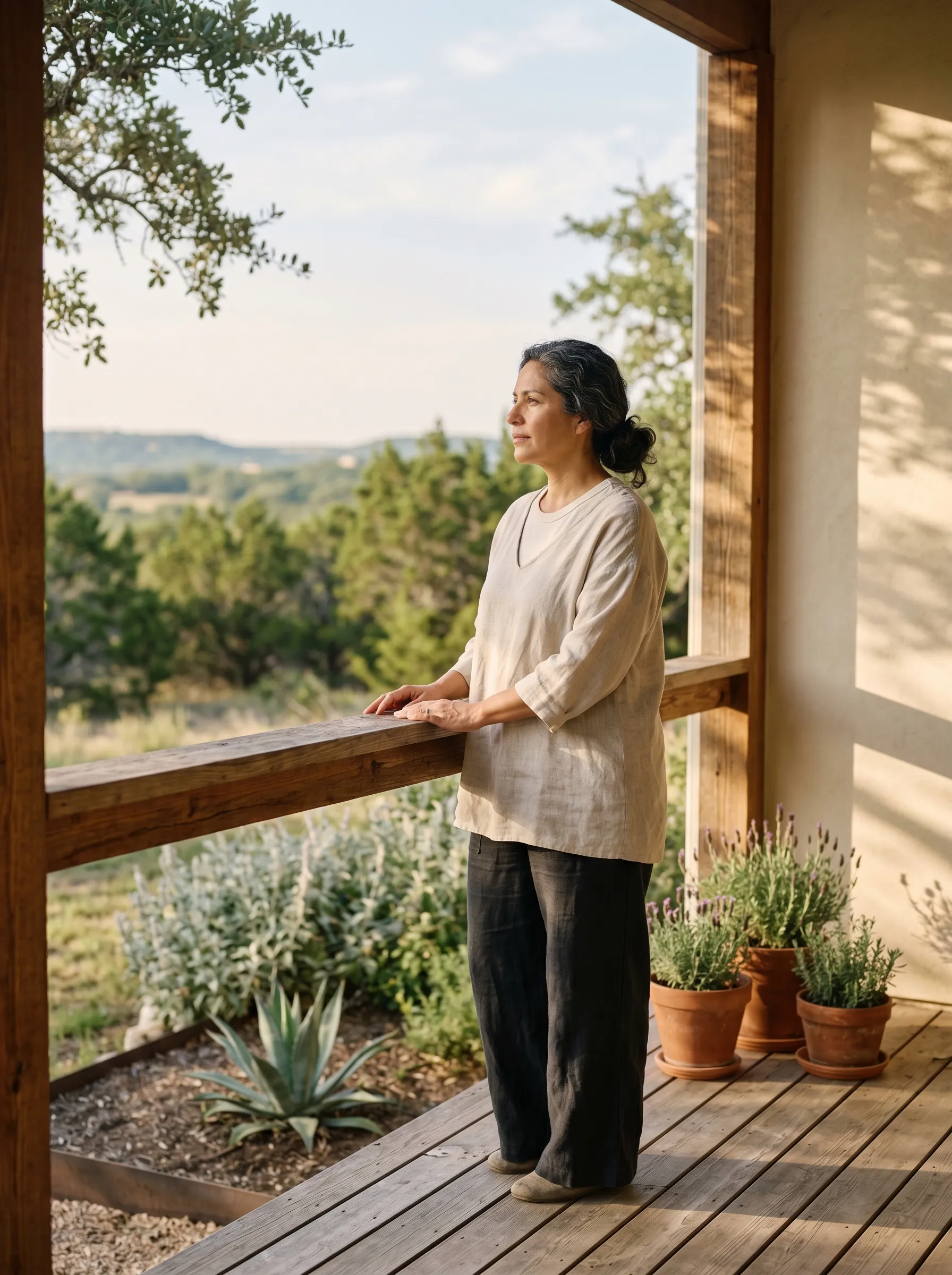 A Hispanic-Latina woman in her late 40s standing three-quarter profile at the wide weathered cedar railing of a covered Hill Country back deck, hands resting loosely on the railing, calm reflective gaze across native silver salvia, agave, terracotta-potted lavender, and a soft Hill Country horizon in late golden afternoon light.