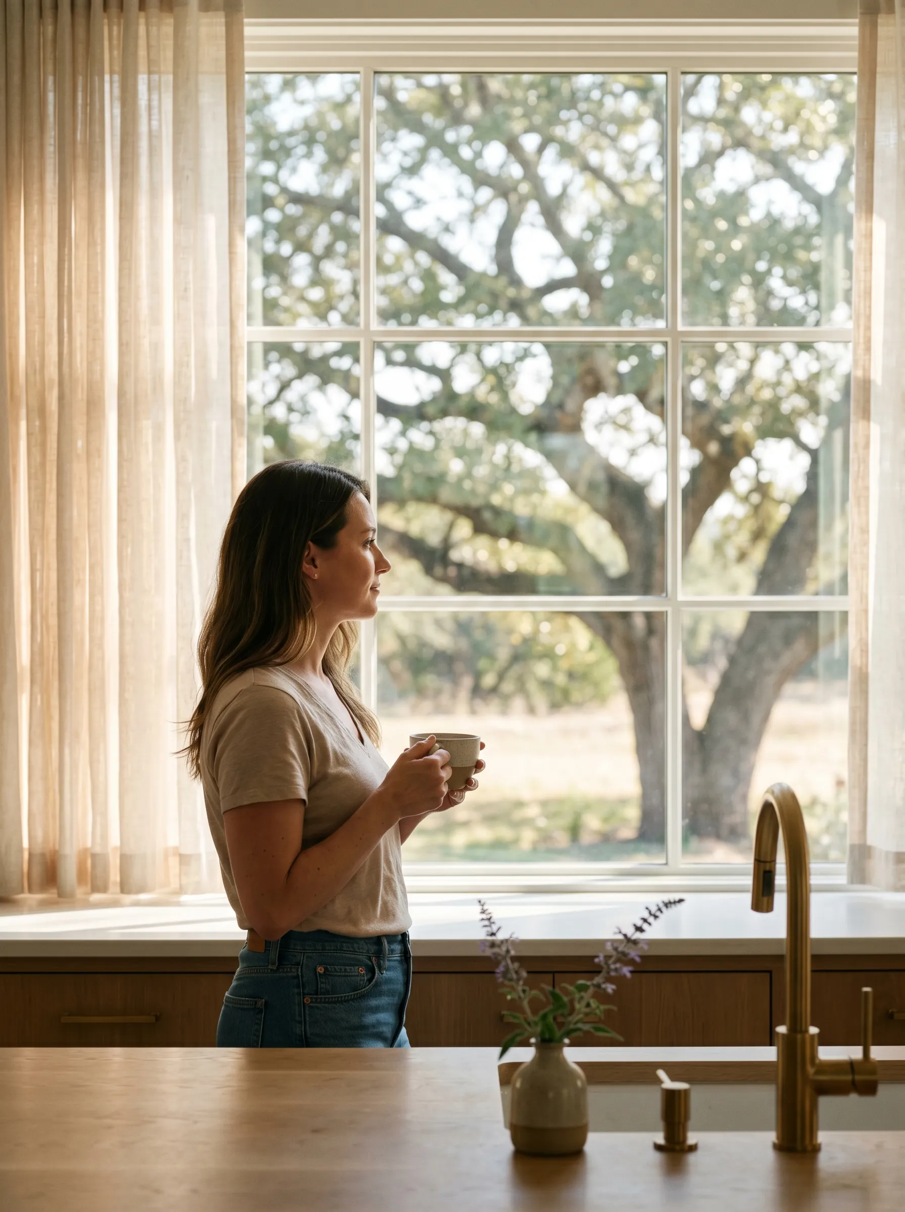 A woman in her mid-30s standing at a tall paned-glass kitchen window in a modern Hill Country home, three-quarter profile, holding a stoneware teacup at chest height, looking out at a sun-dappled live oak in the middle distance.