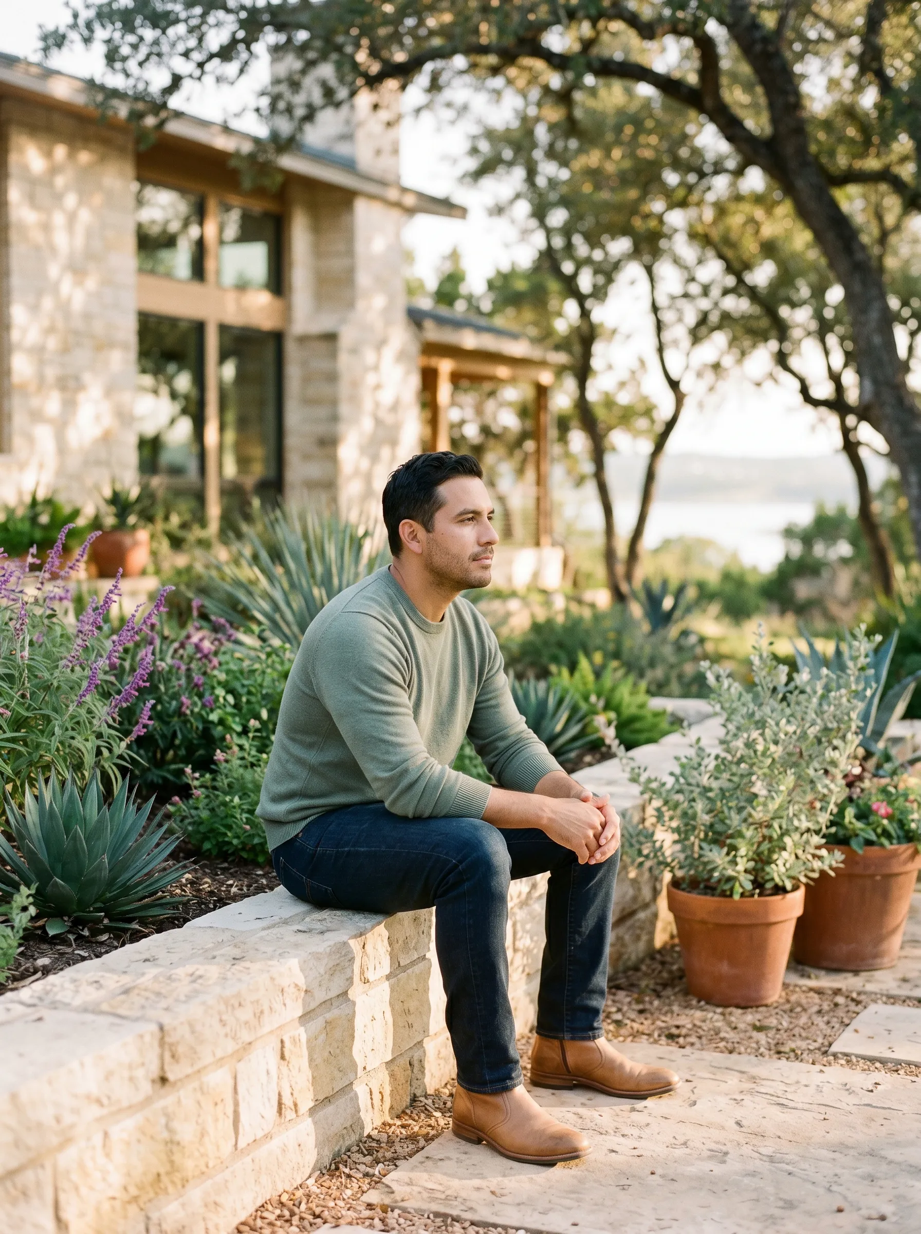 A man in his late 30s seated on a low limestone garden wall at the edge of a modern Hill Country home, three-quarter profile, looking out over native salvia and agave toward soft Lake Travis bokeh at late golden afternoon.