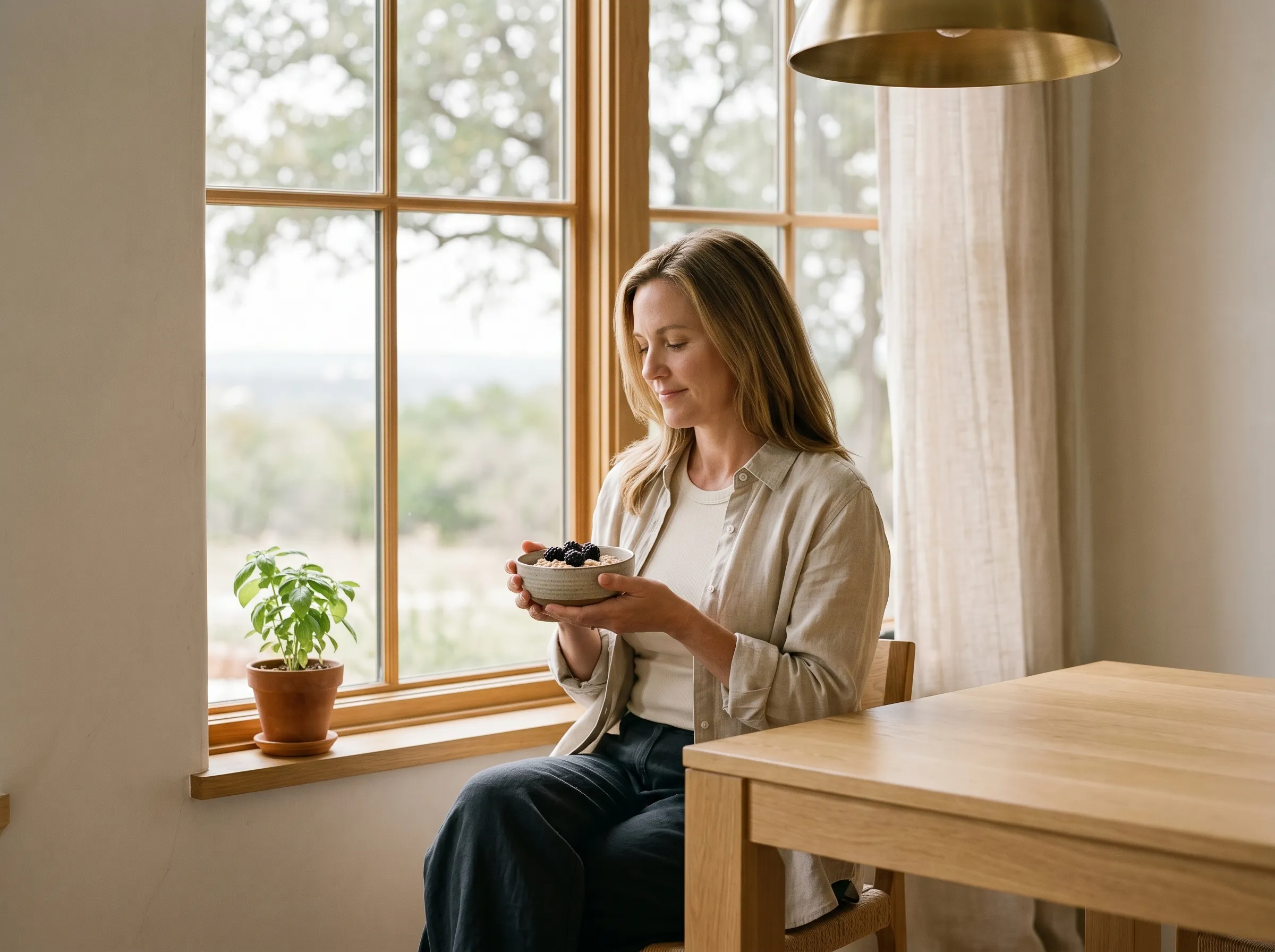 A white woman in her mid-40s in mid-body seated three-quarter profile at a sunlit white-oak dining table holding a stoneware bowl of warm oatmeal with fresh blackberries at chest height.