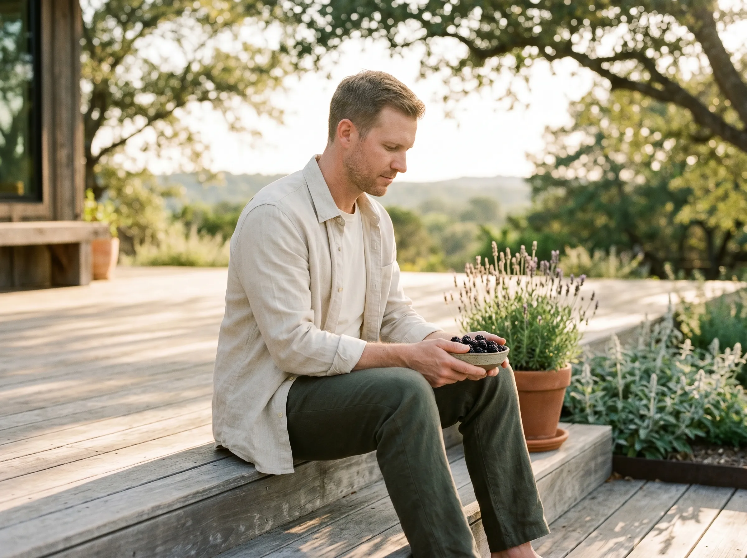 A white man in his late 30s in mid-body seated three-quarter profile on a weathered cedar plank deck step at golden hour, holding a small stoneware bowl of fresh-picked native blackberries.