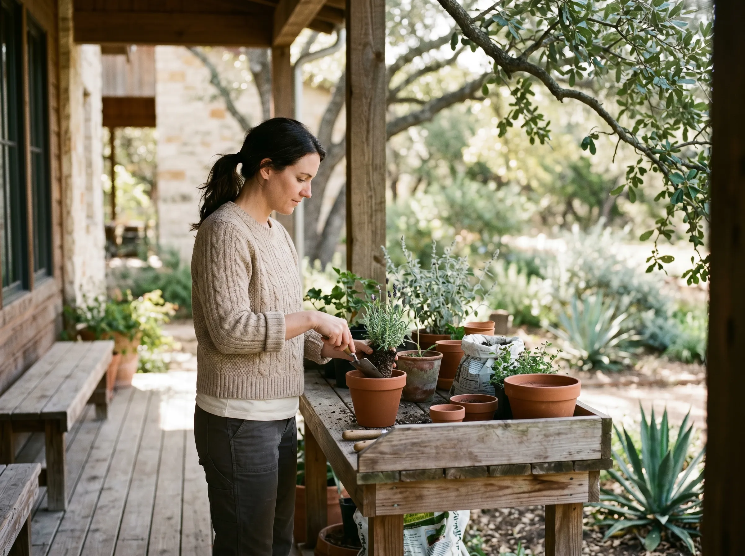A white woman in her mid-30s in mid-body three-quarter profile transplanting a young Hill Country lavender seedling into a fresh terracotta pot at a weathered cedar potting bench on a covered Hill Country back porch.