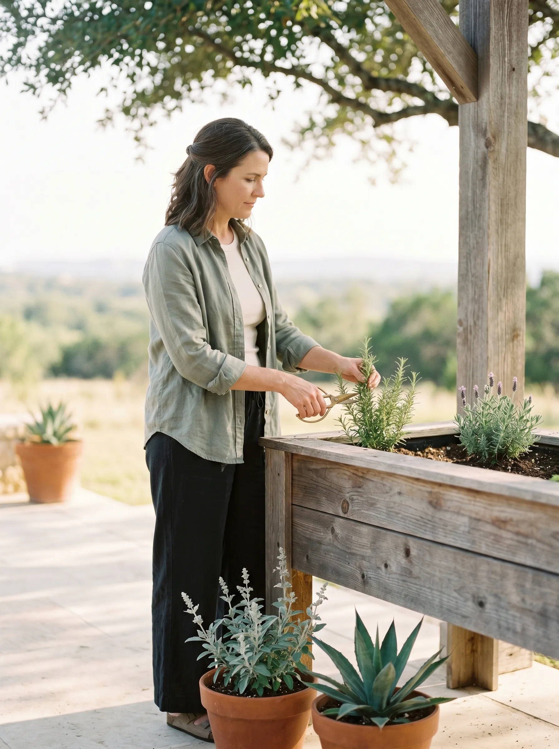 A white woman in her early 50s in three-quarter profile standing at a raised weathered cedar plank planter box on a sunlit Hill Country terrace, pruning a young rosemary plant with small brass hand shears, calm focused gaze on her hands, soft late golden afternoon Hill Country light.