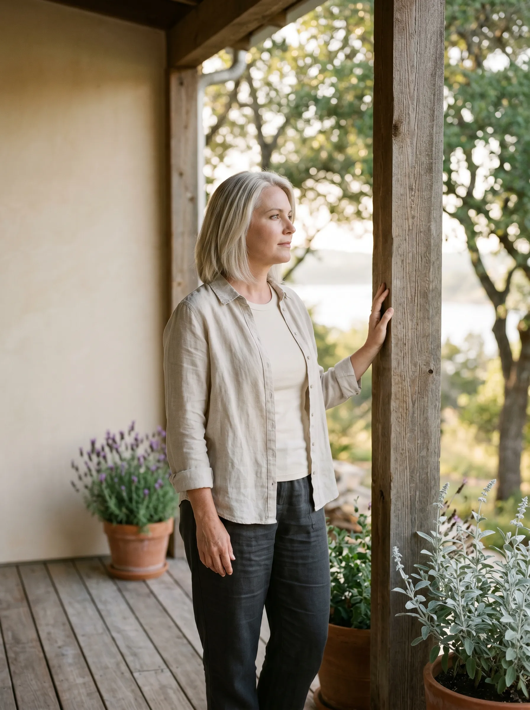 A woman in her late 40s with shoulder-length silver-blonde hair, wearing an oat-linen blouse, standing in three-quarter profile at the edge of a covered Hill Country porch with one hand resting on a weathered cedar post, looking out across terracotta-potted lavender and live-oak canopy toward Lake Travis at late golden afternoon.