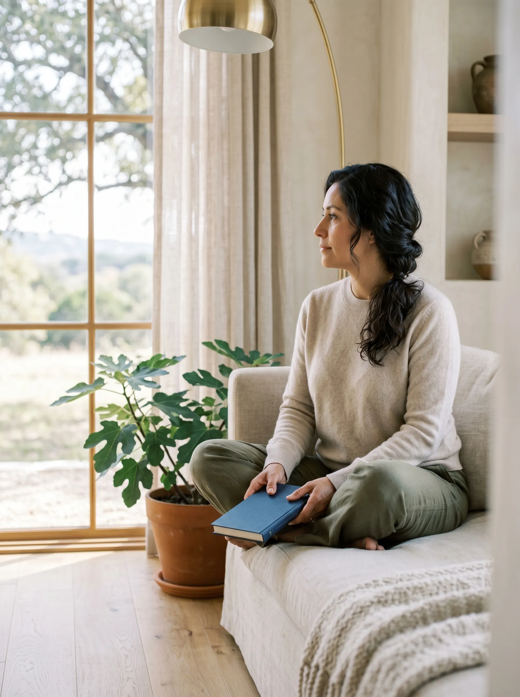 A Hispanic-Latina woman in her mid-40s with dark wavy hair in a low twist, wearing an oatmeal cashmere crewneck, seated cross-legged three-quarter profile on a linen-upholstered window seat in a sunlit modern Hill Country living room, hands resting in her lap holding a closed hardcover book, gazing through a tall paned window beside her at late-morning Hill Country light.