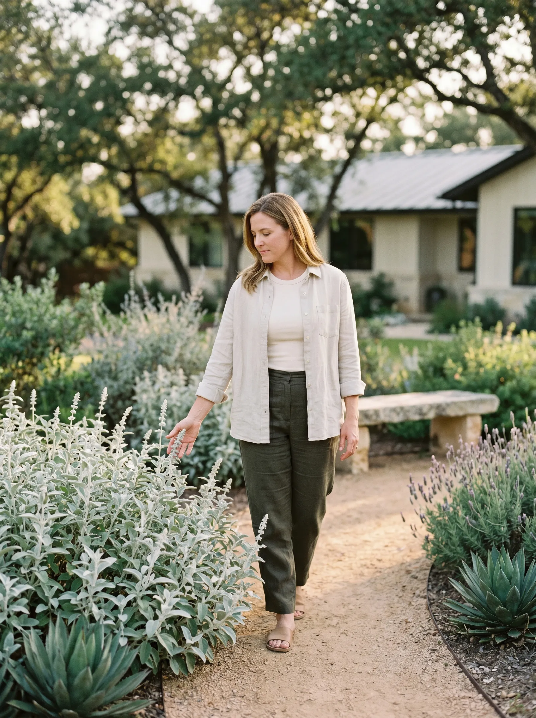A white woman in her early 40s walking slowly through a modern Hill Country native garden at late golden afternoon in three-quarter profile, oat-linen overshirt over a fitted cream tee and dark olive linen trousers, brushing the fingertips of her right hand along the soft silver leaves of native salvia, a weathered limestone bench softening the middle distance and a pale modern ranch home with live-oak canopy in soft bokeh beyond.