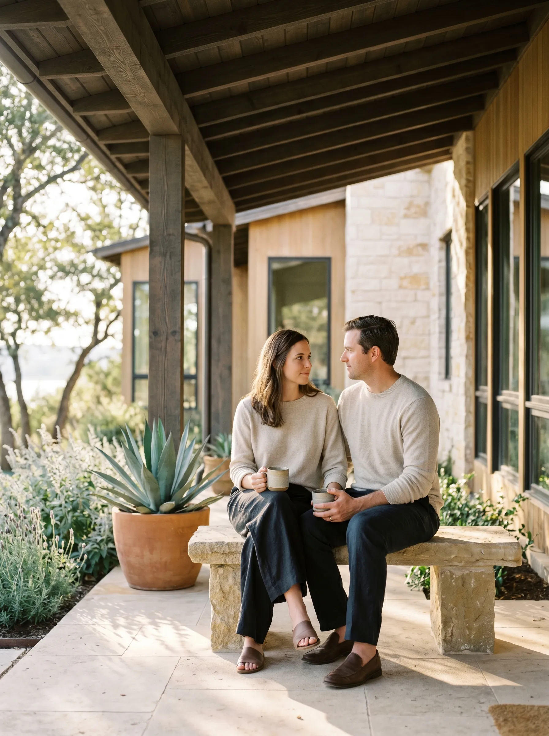 A couple in their late 30s seated close together on a covered limestone porch of a modern Hill Country home at golden hour, sharing morning coffee in stoneware mugs, dappled live-oak shade and terracotta-potted agave at the porch edge, calm and present.
