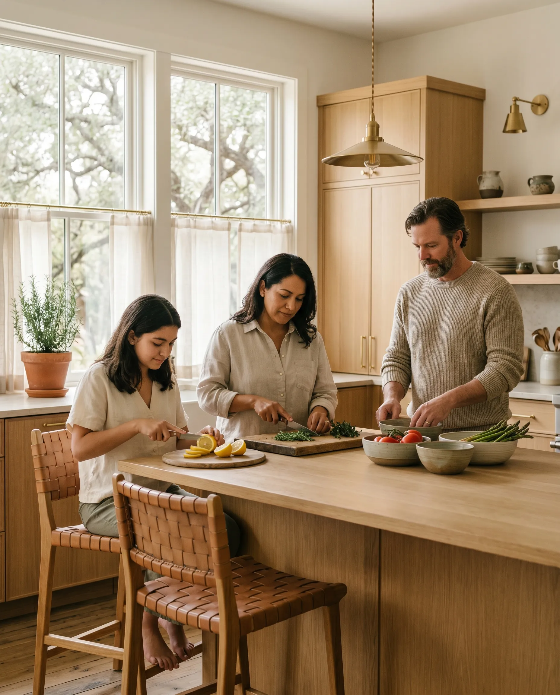 A Hispanic mother and white father in their mid 40s with their teenage daughter, preparing a weekend meal together at a sunlit white-oak kitchen island in a modern Hill Country home at late morning, brushed brass pendant overhead and dappled live-oak canopy outside, calm and unhurried.