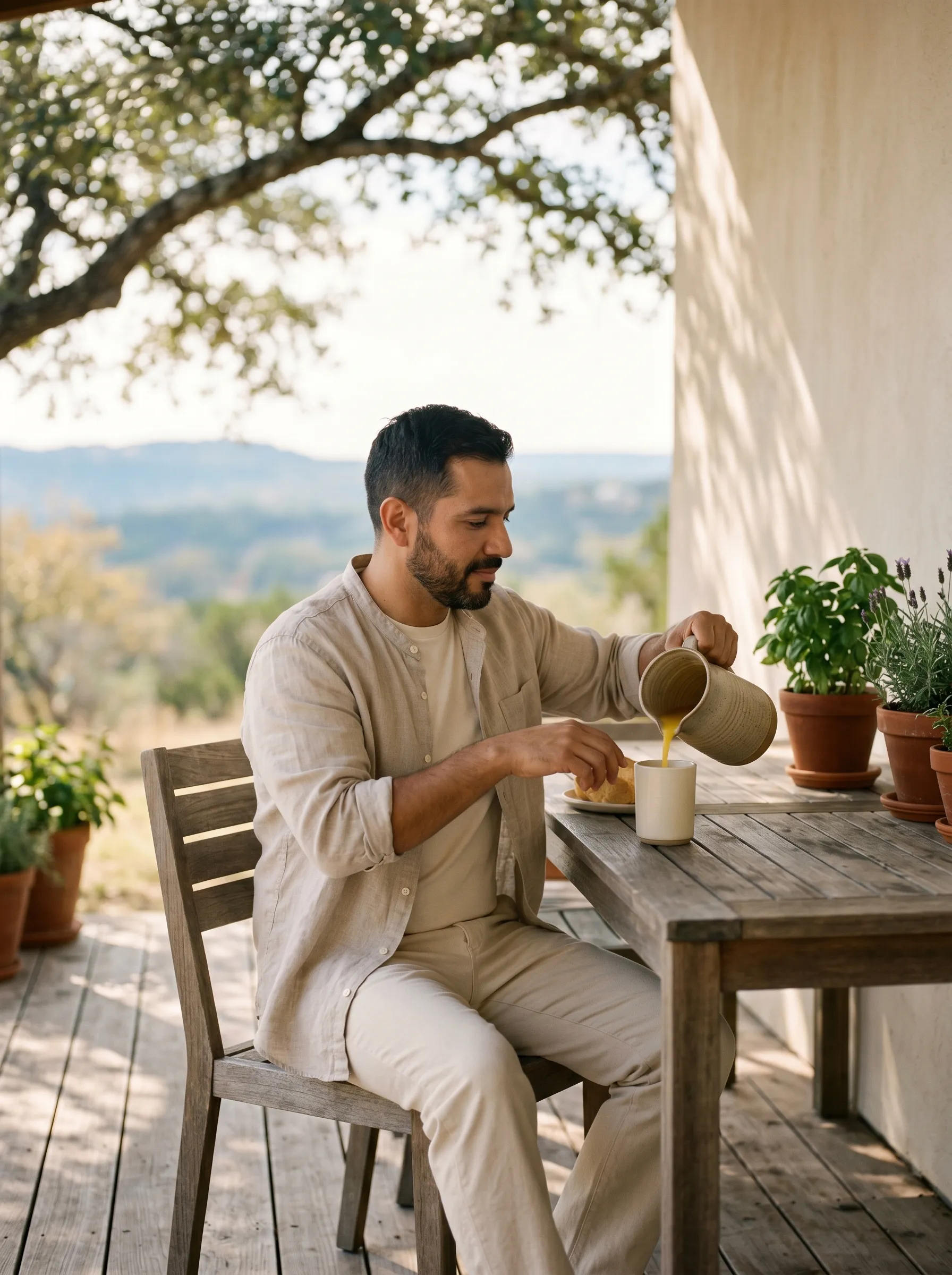 A Hispanic-Latino man in his late 30s seated three-quarter profile at a sun-warmed weathered cedar plank outdoor dining table on a covered Hill Country back patio, gently pouring fresh-pressed orange juice from a stoneware pitcher into a simple cream stoneware glass, calm grounded gaze on the pour.