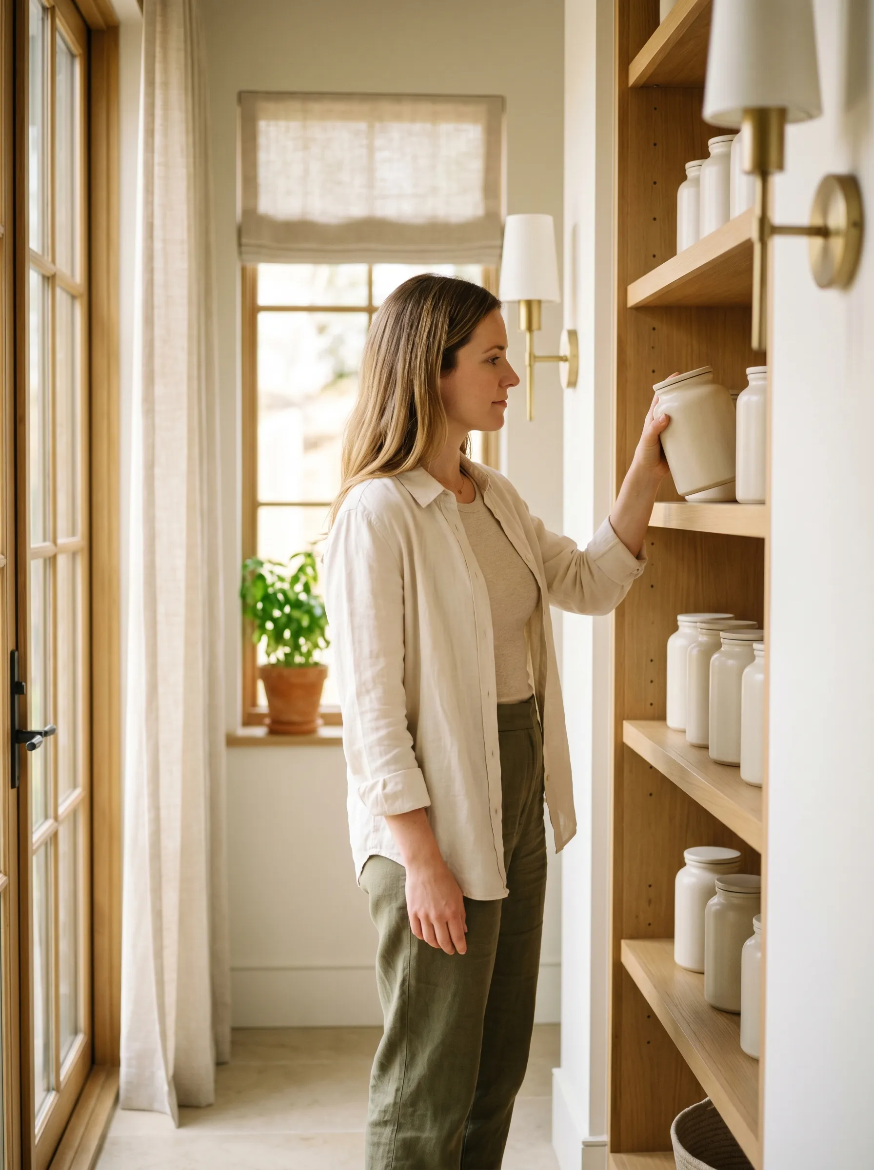 A white woman in her early 30s in mid-body three-quarter profile standing at a sun-warmed white-oak open kitchen pantry shelf, gently lifting a simple stoneware jar of dry-pressed oats from the shelf, calm focused gaze on the jar.
