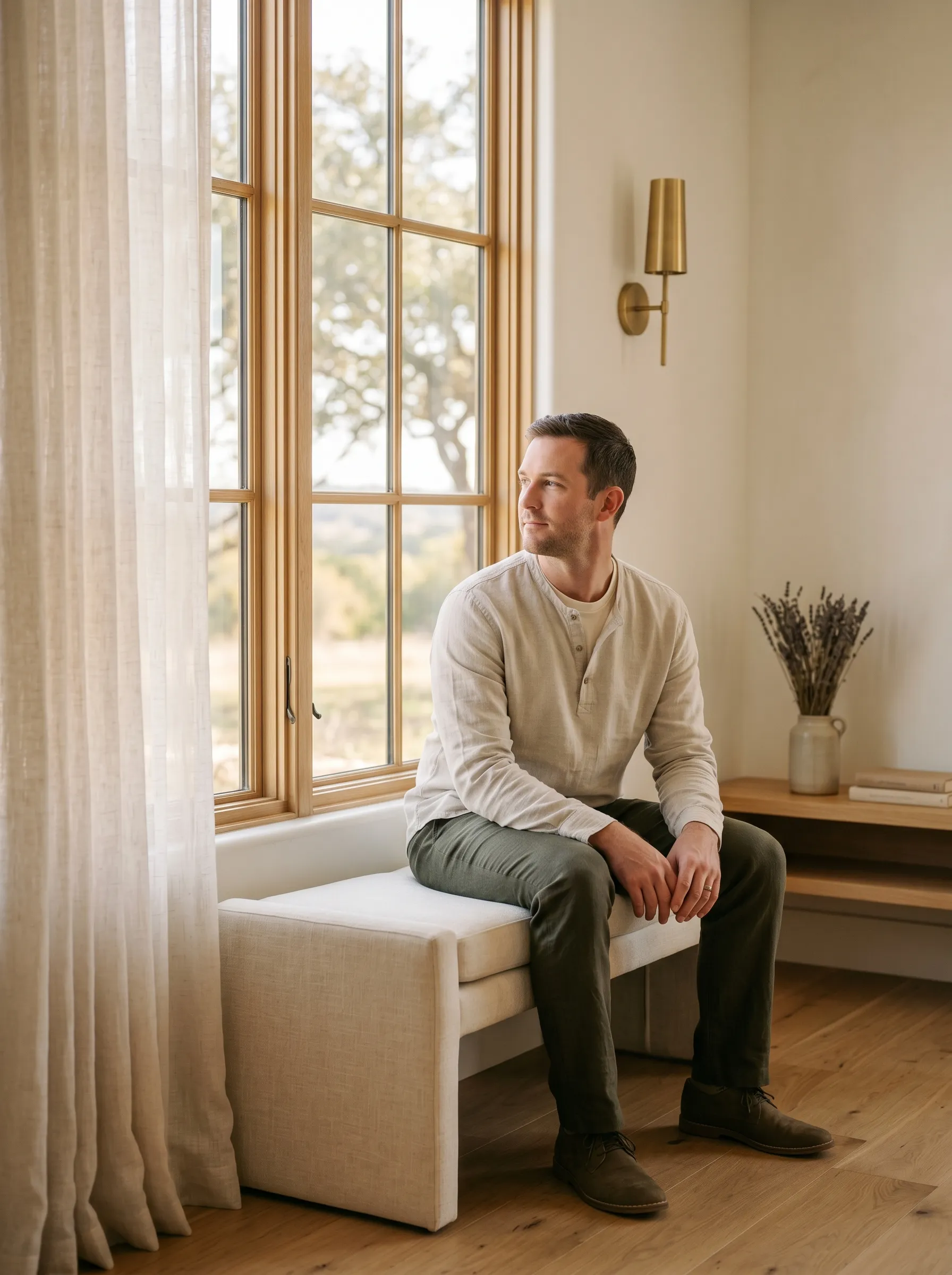 A white man in his mid-30s seated three-quarter profile on a cream-linen reading bench in a sunlit modern Hill Country reading nook, hands resting loosely in his lap, calm grounded gaze toward a tall paned wood-mullion window with sheer linen curtain, soft live-oak horizon bokeh outside.