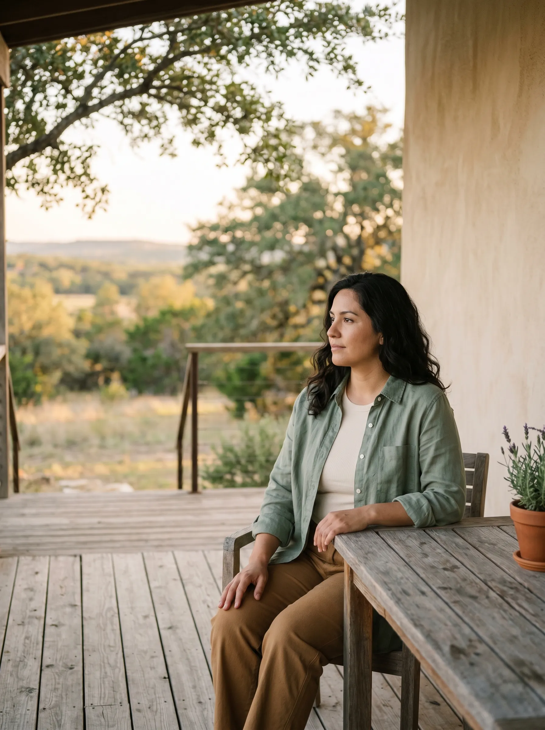 A Hispanic-Latina woman in her late 30s with dark wavy shoulder-length hair worn loose, seated three-quarter profile at a low weathered cedar table on a covered Hill Country back porch, hands resting loosely on the table, calm grounded gaze across the Hill Country middle distance in late golden afternoon light.