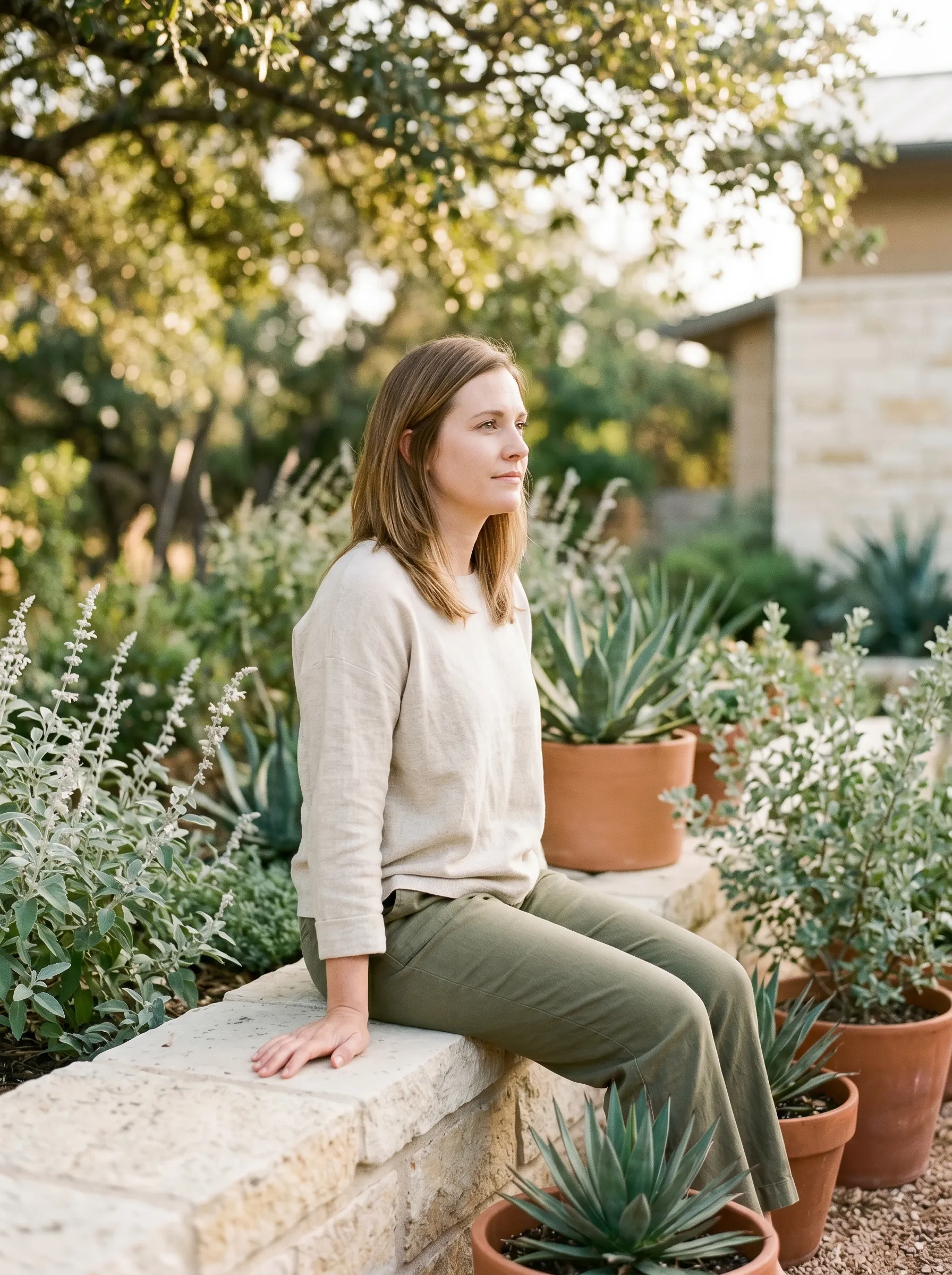 A white woman in her early 30s with shoulder-length light brown hair, seated three-quarter profile on a sun-warmed limestone garden wall in a modern Hill Country native plant garden, hands resting loosely beside her, calm grounded gaze through dappled live-oak canopy, surrounded by native silver salvia, agave, and Texas sage in terracotta pots at late golden afternoon.