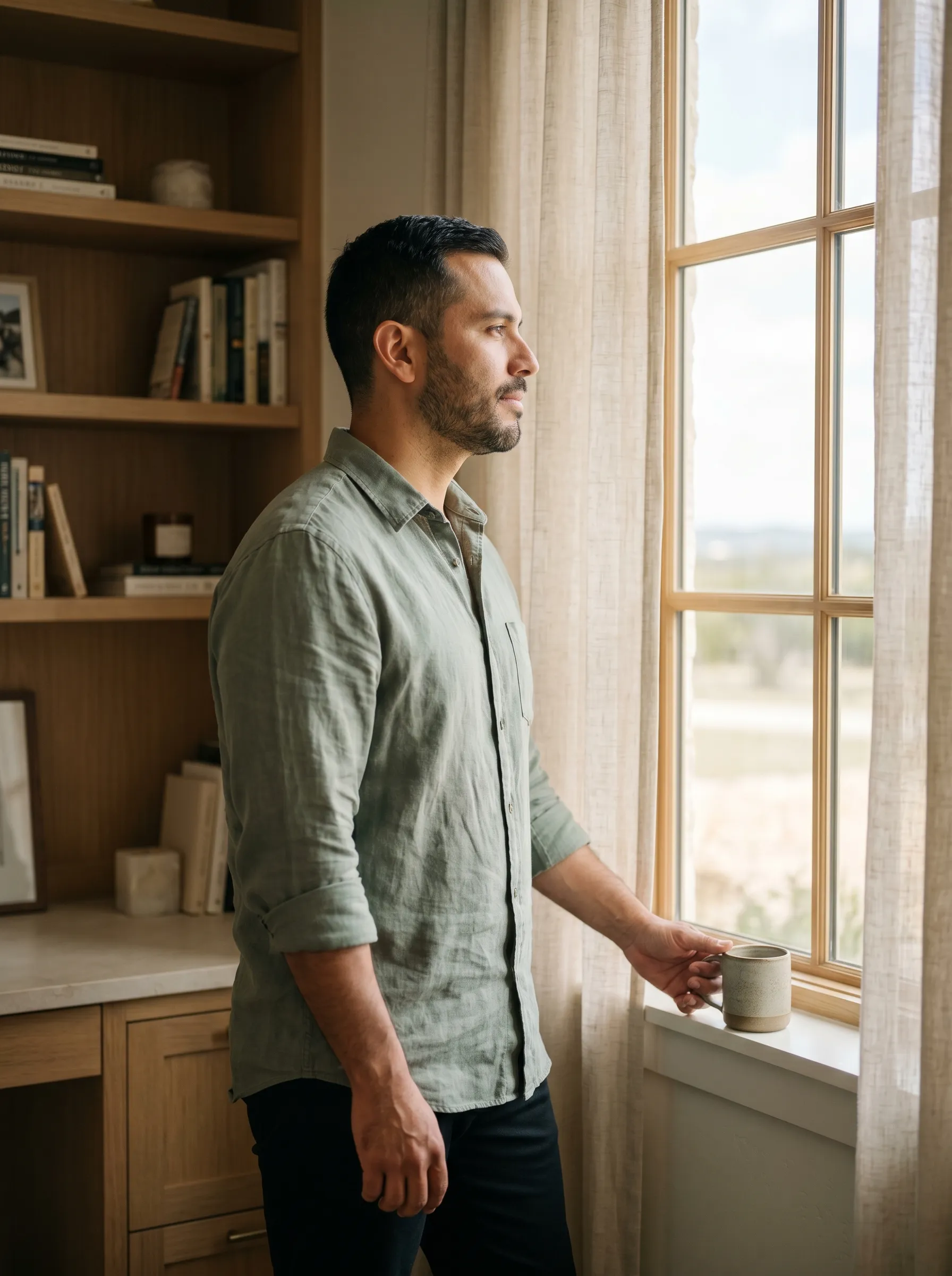 A Hispanic-Latino man in his late 30s standing three-quarter profile at a tall paned wood-mullion window in a quiet sunlit Hill Country home study with warm white-oak built-in shelving, one hand resting on a stoneware mug on the windowsill, calm reflective gaze through sheer linen sheers onto a soft Hill Country horizon at mid-morning.