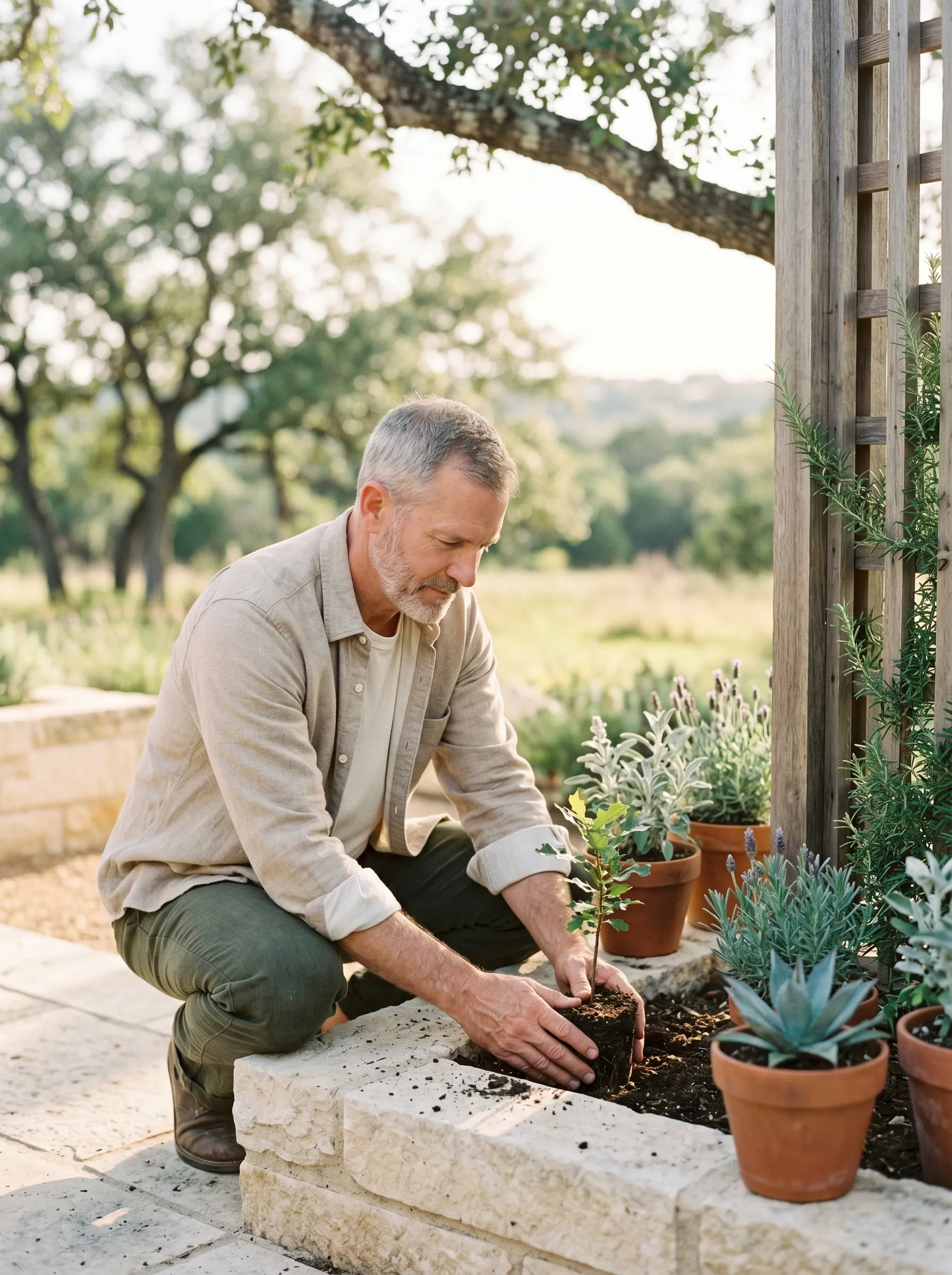 A man in his late 50s with salt-and-pepper short hair and a close-trimmed beard, oat-linen overshirt rolled at the cuffs and dark olive linen trousers, crouching three-quarter profile at a raised limestone garden bed in a Hill Country backyard, hands cupping soil around a young plant he is gently setting into the bed, terracotta-potted lavender and agave nearby, weathered cedar trellis with climbing rosemary at the right edge, warm early-morning Hill Country light with dappled live-oak shade.