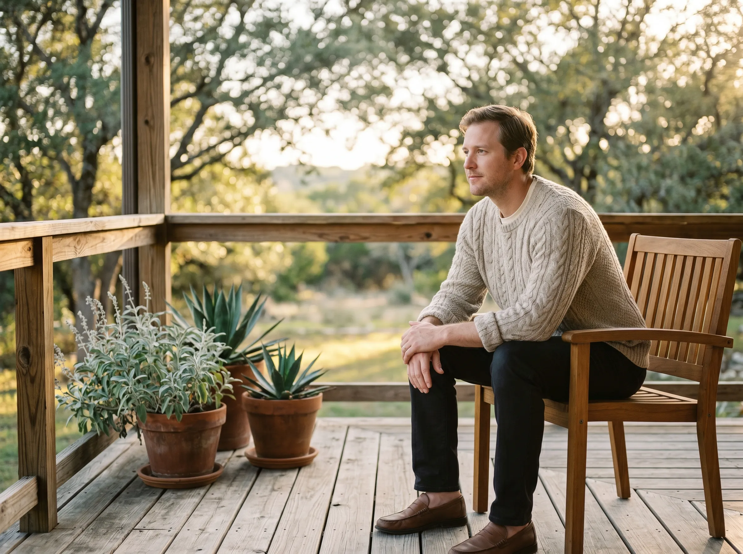 A man in his mid-30s seated near the edge of a covered cedar deck overlooking a Hill Country yard at warm golden hour, elbows on his knees in a relaxed open posture, gaze toward middle distance.
