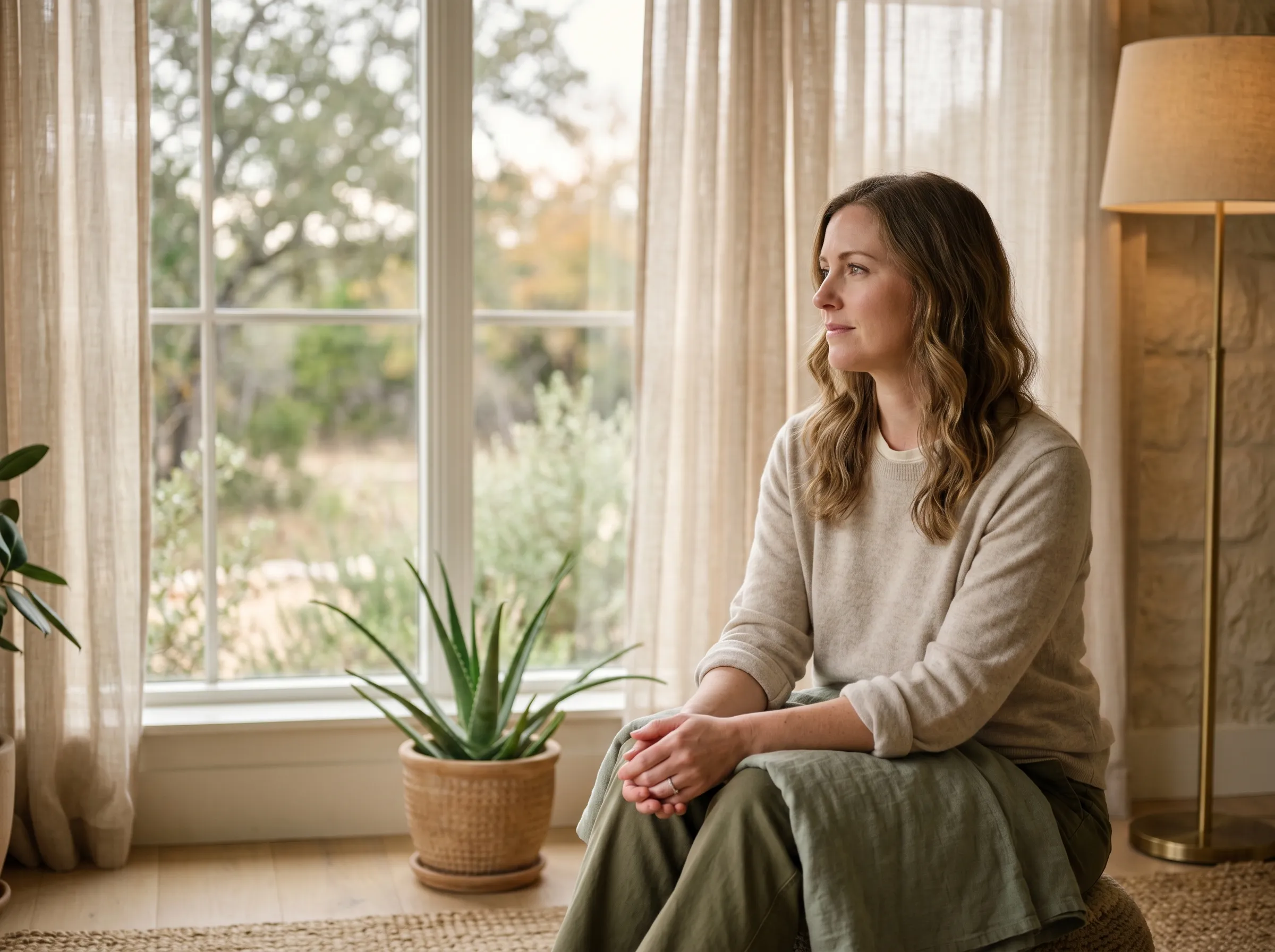 A woman in her mid-30s seated by a tall paned window in a sunlit modern Hill Country sunroom, calm reflective gaze toward the window light, sheer linen curtain in soft late-morning warmth.