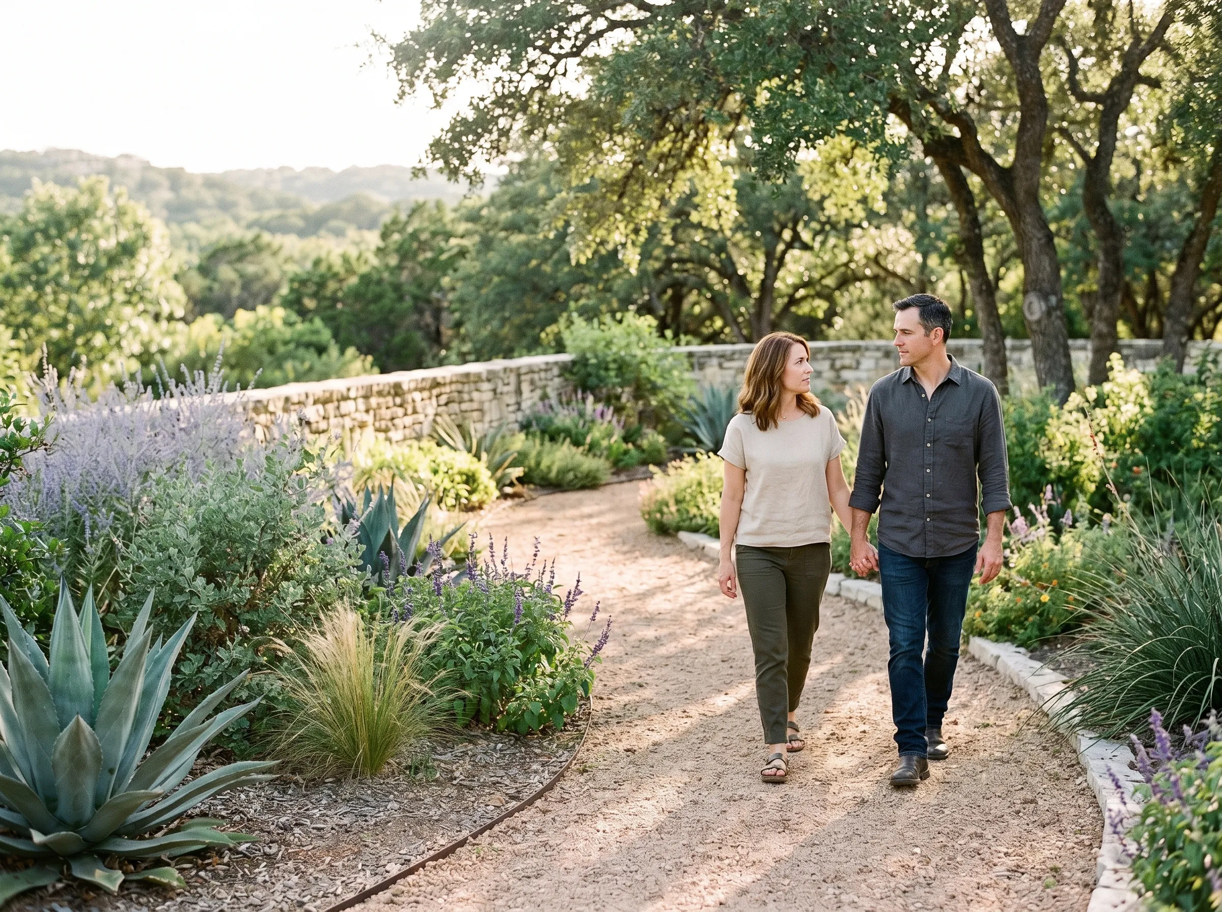 A couple in their early 40s walking together along a gravel garden path through a Hill Country native garden at late afternoon, hand in hand, agave and salvia flanking the path.