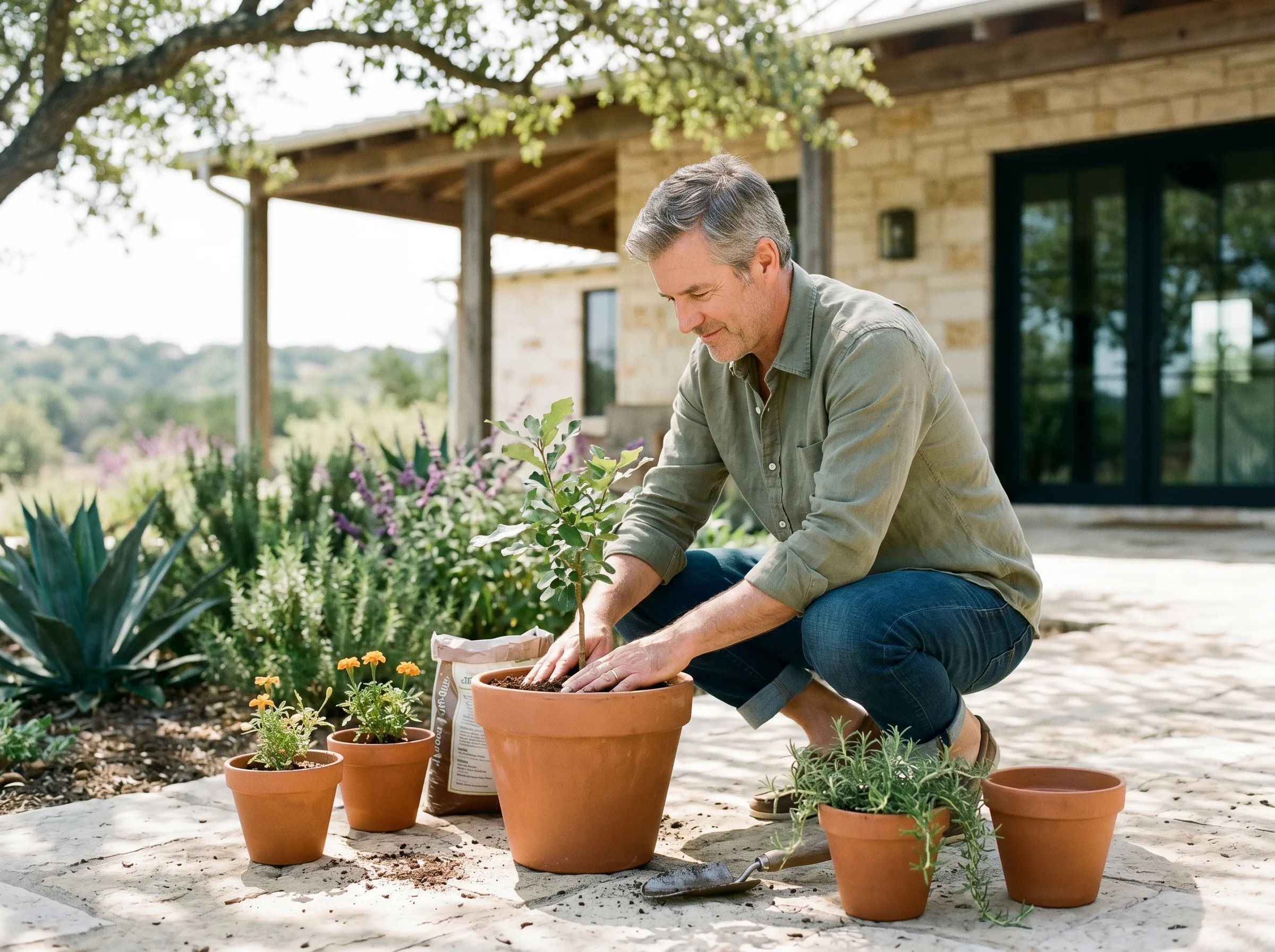 A man in his early 50s carefully repotting a young live oak sapling on a sunlit limestone patio of a modern Hill Country home at mid-morning.