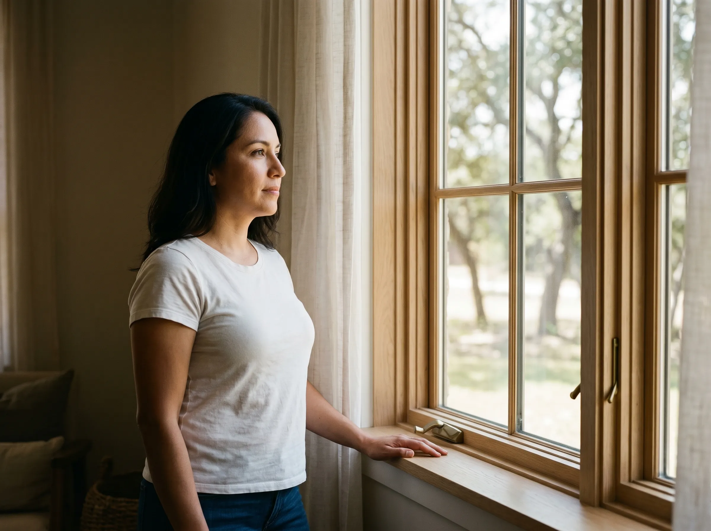 A Hispanic woman in her late 30s standing at a tall paned window of a modern Hill Country home in soft morning light, contemplative and grounded.