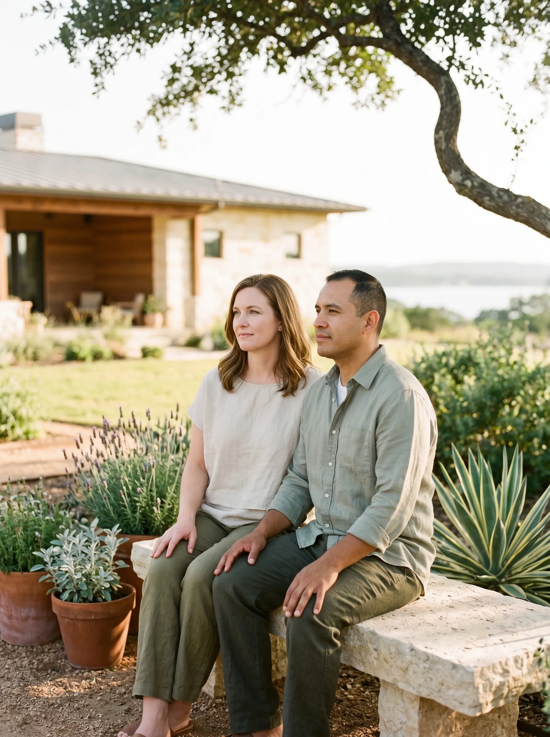 An interracial couple in their early 40s sitting close on a low limestone bench in a Hill Country native garden at late golden hour, salvia and agave around them, Lake Travis softly visible in the distance.