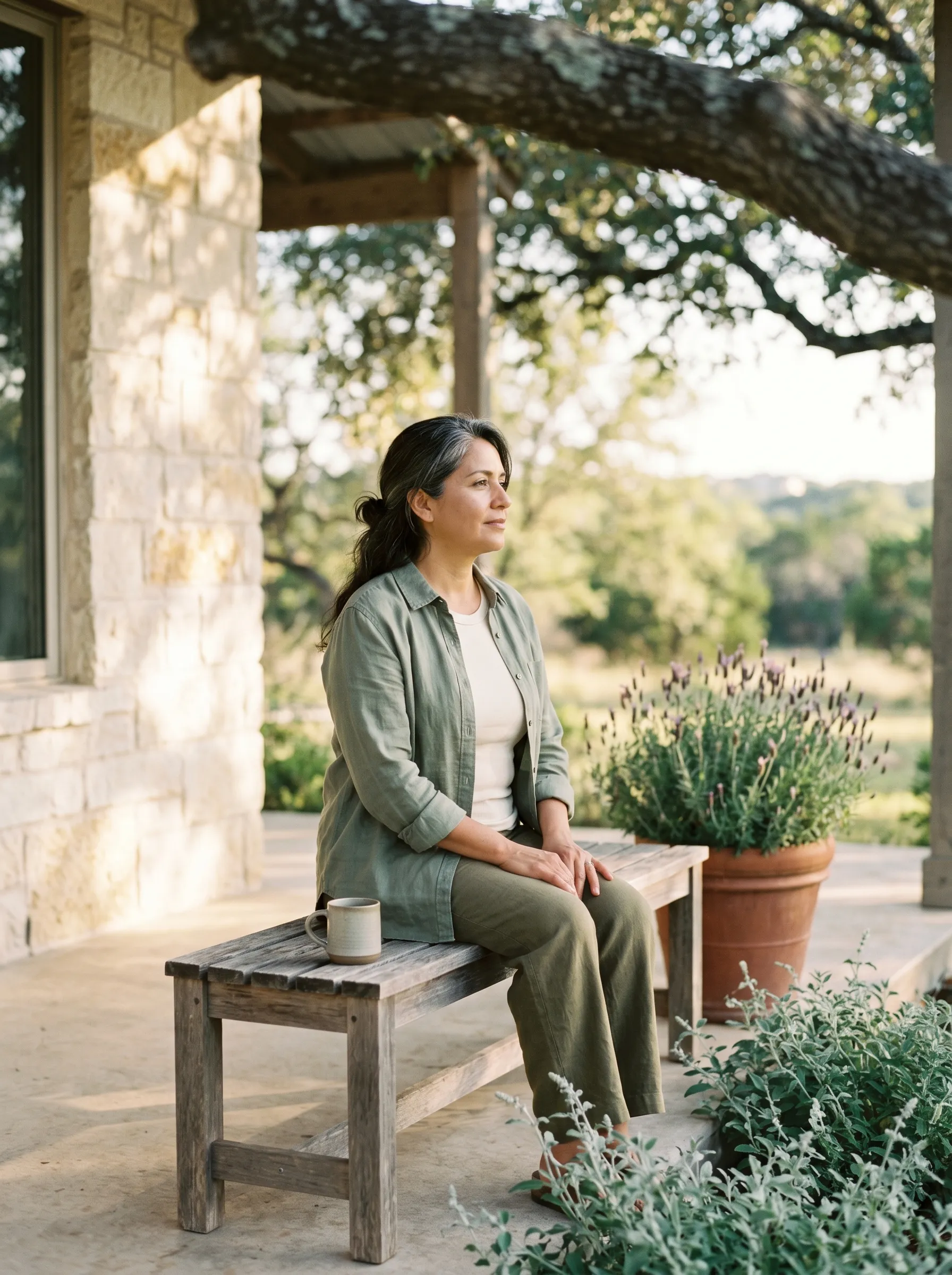 A Hispanic-Latina woman in her late 40s seated alone on a weathered cedar bench at the corner of a covered limestone porch of a modern Hill Country home at late golden hour, sage linen overshirt over cream tee and olive trousers, one stoneware mug beside her, terracotta-potted Hill Country lavender at the porch edge, calm and quietly contemplative.