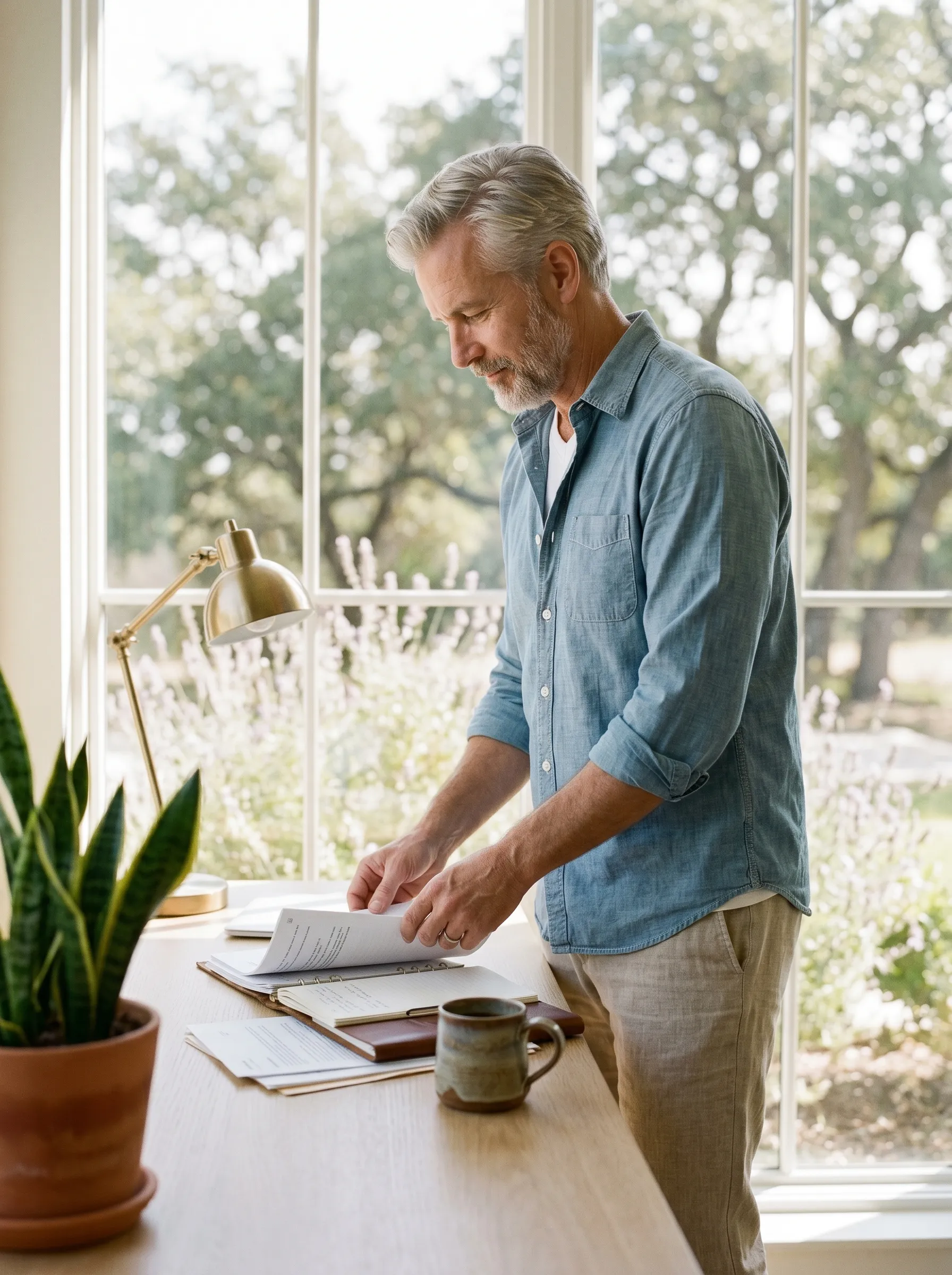 A white man in his mid 50s with silver hair and trimmed beard, soft chambray shirt rolled at the cuffs, calmly sorting through papers and an open leather-bound notebook at a warm white-oak home-office desk by a tall paned window of a modern Hill Country home at mid-morning, brushed brass desk lamp and terracotta snake plant in the foreground, native lavender and live-oak canopy outside.