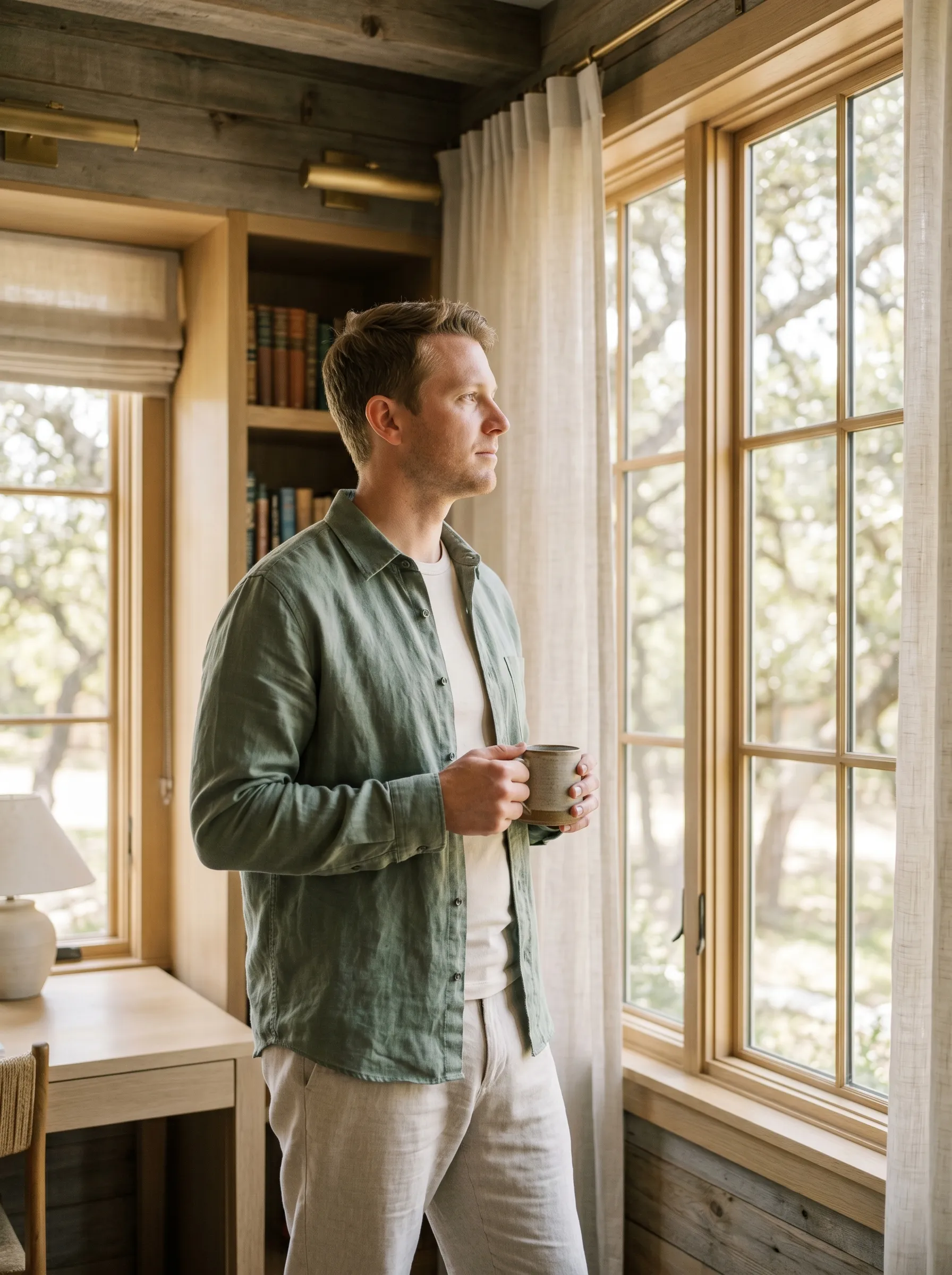 A white man in his early 30s, short sandy-brown hair, sage linen overshirt over a fitted cream tee and oat-linen trousers, mid-body three-quarter profile standing at a tall paned wood-mullion window in a sunlit white-oak home study, both hands wrapped loosely around a stoneware mug at chest, calm grounded reflective gaze through the window onto a soft live-oak canopy in warm late-morning Hill Country light.