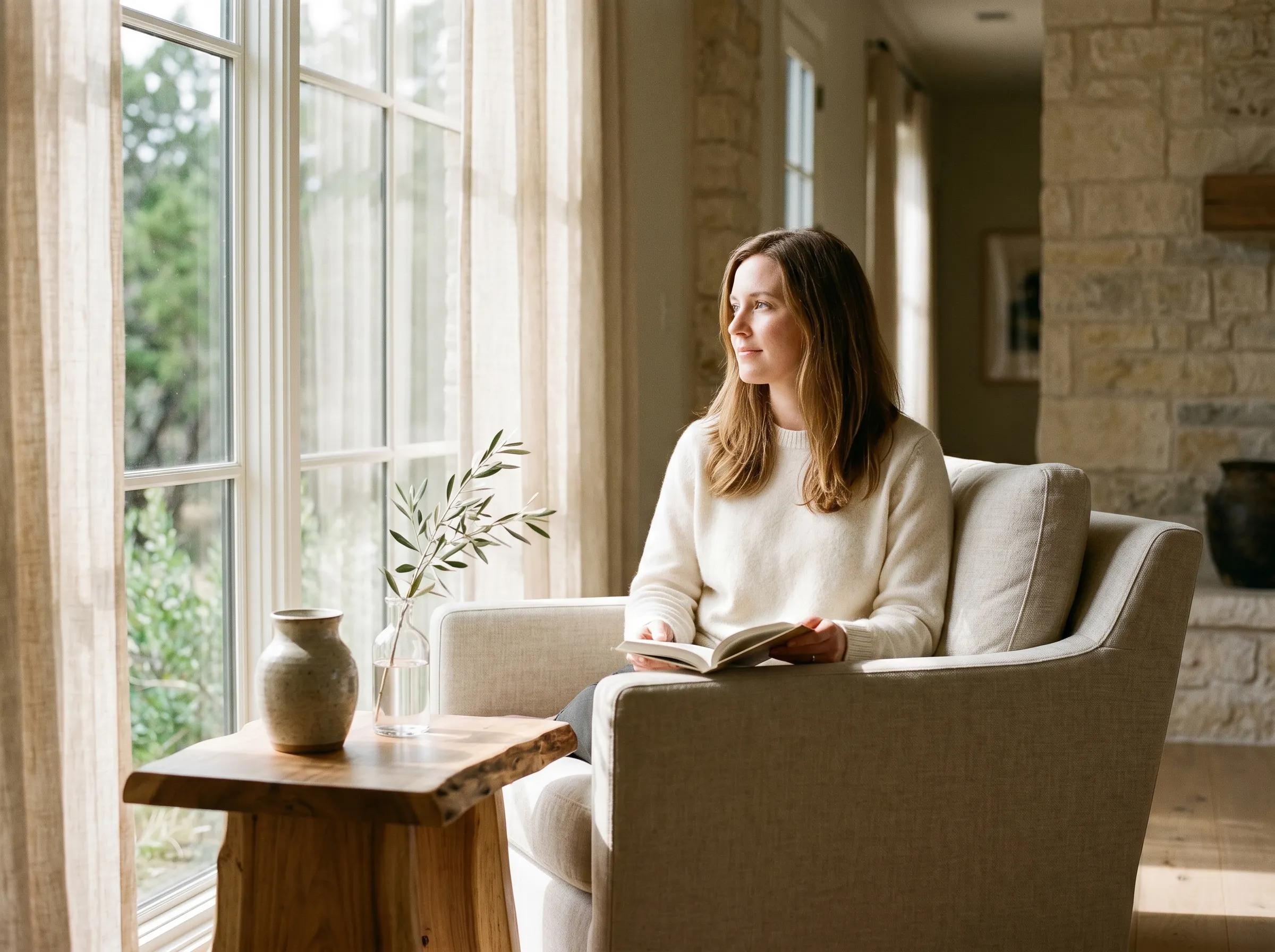 A woman reading by tall paned windows in a sunlit Hill Country living room, sheer linen filtering late morning light.