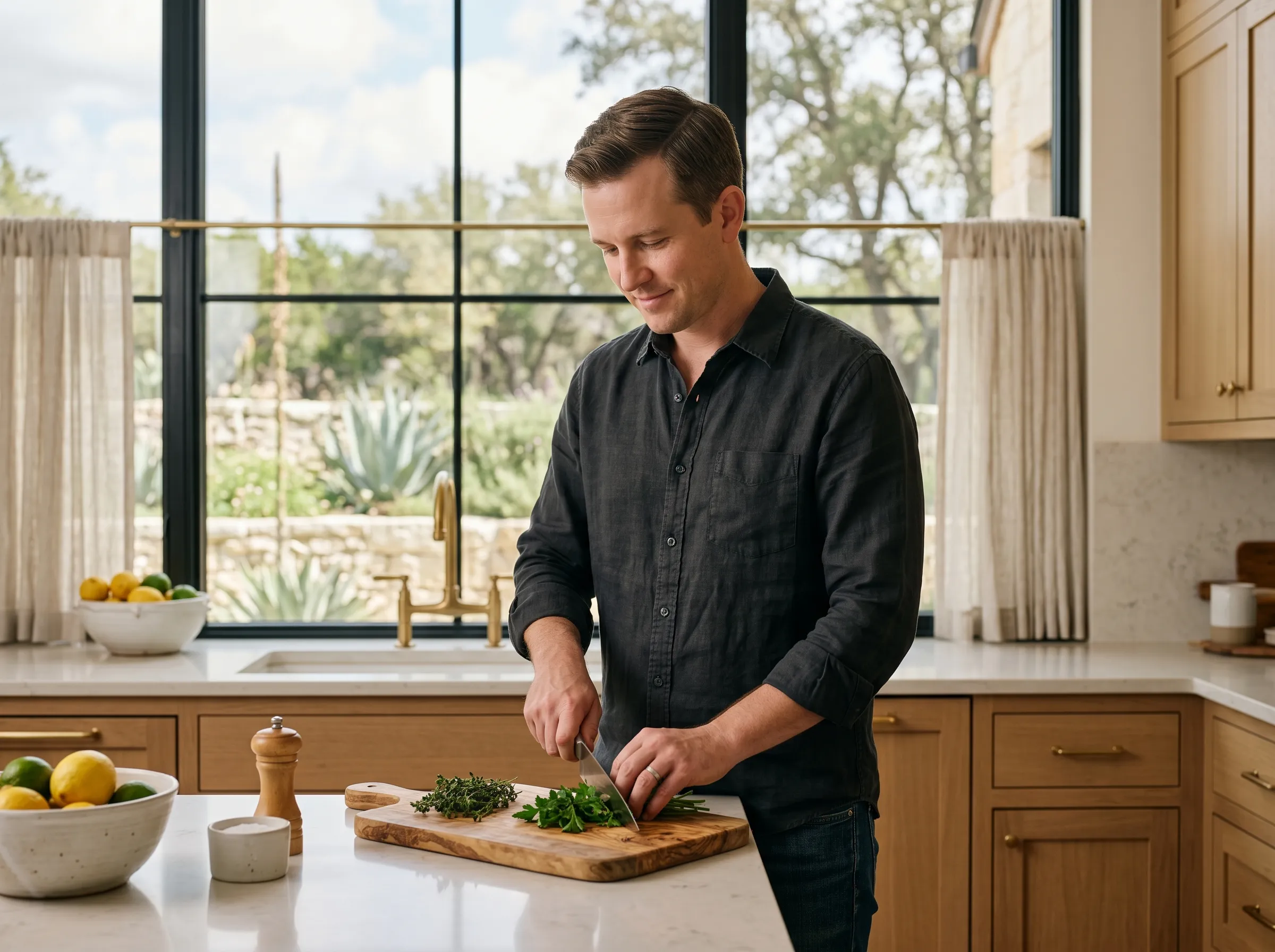 A man at a sunlit white-oak kitchen island slicing fresh herbs, brushed brass fixtures and a paned window beyond.