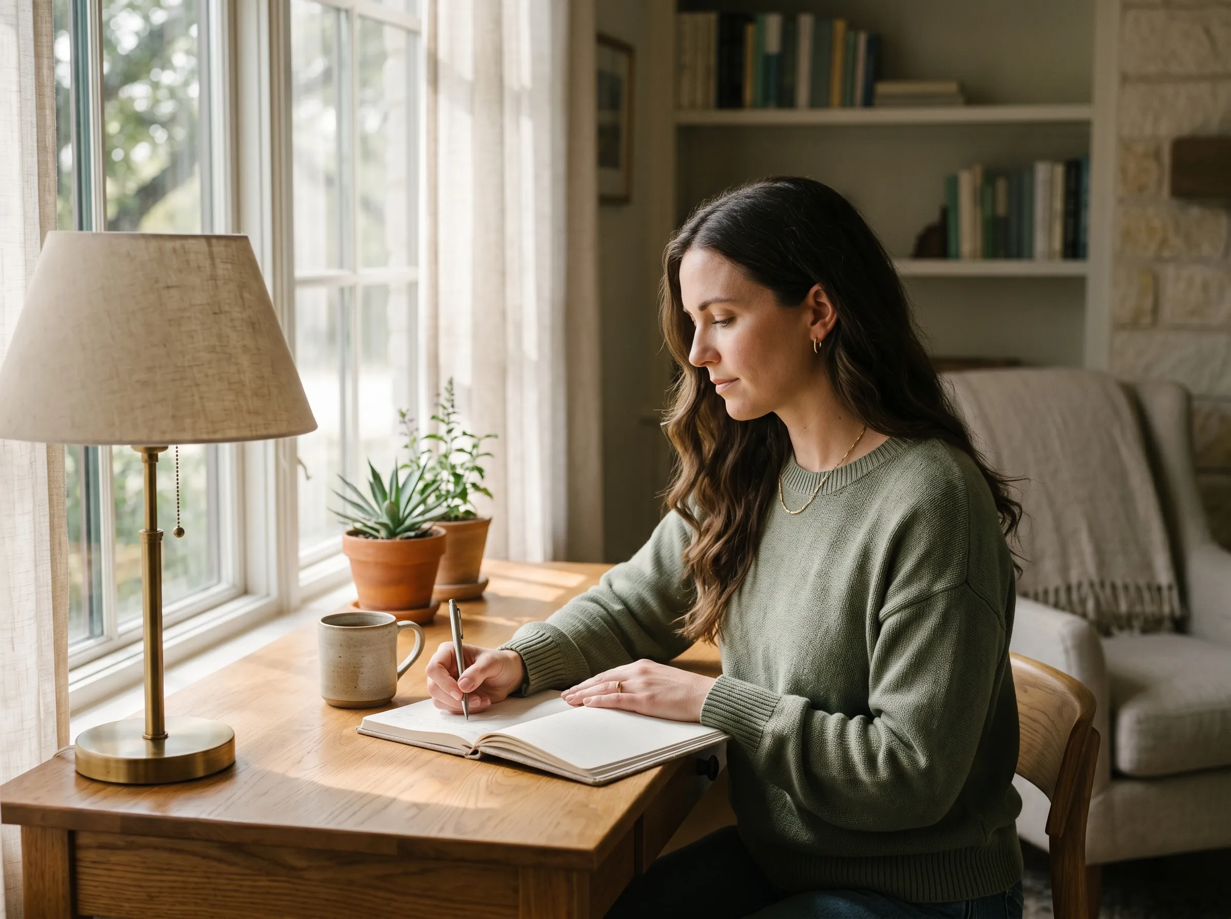 A woman in three-quarter profile at a sunlit oak desk in a quiet home study, writing implements at hand, sheer linen window.