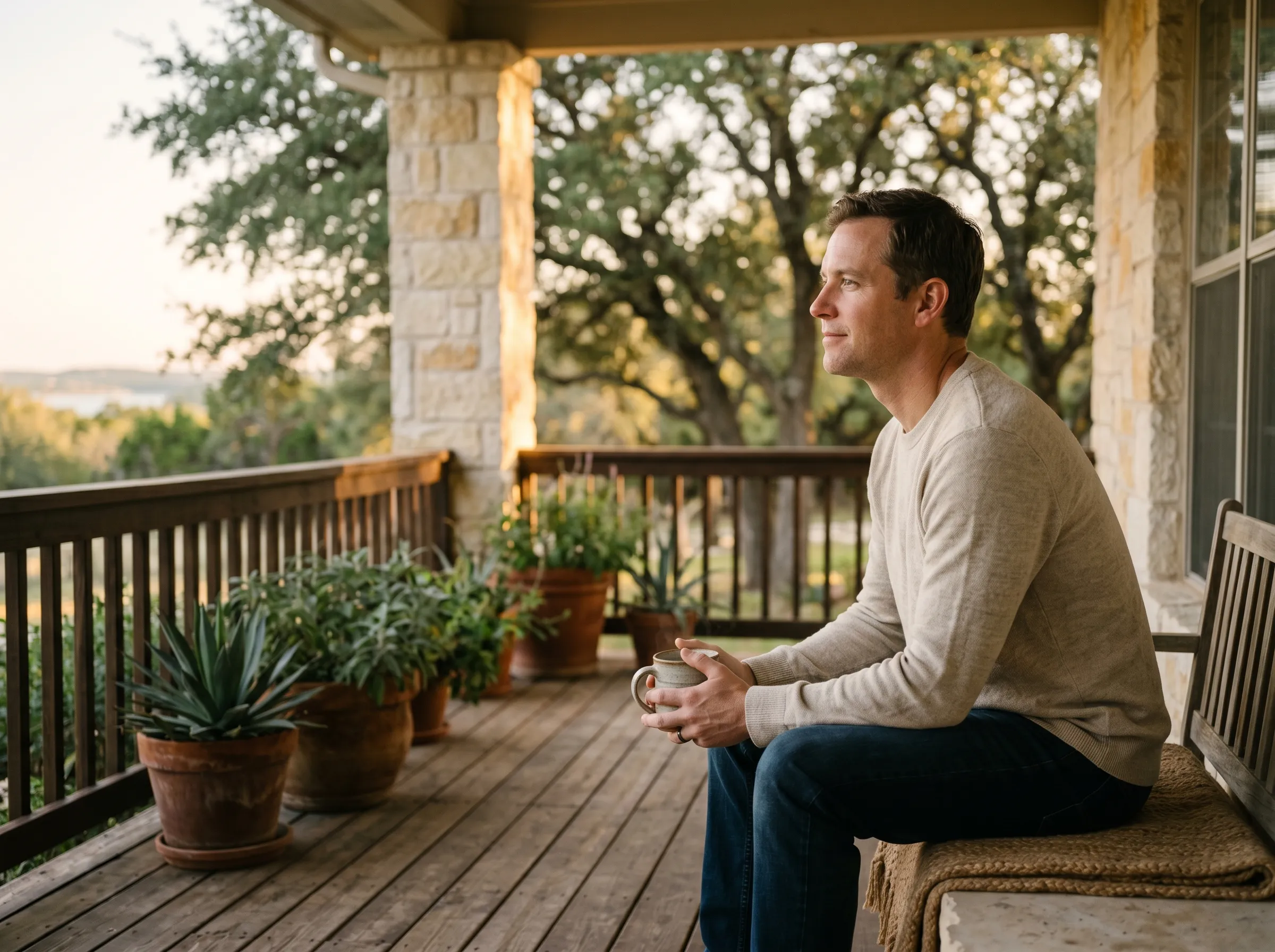 A man on a covered limestone porch in late golden afternoon, holding a coffee mug at chest height, live oaks beyond.