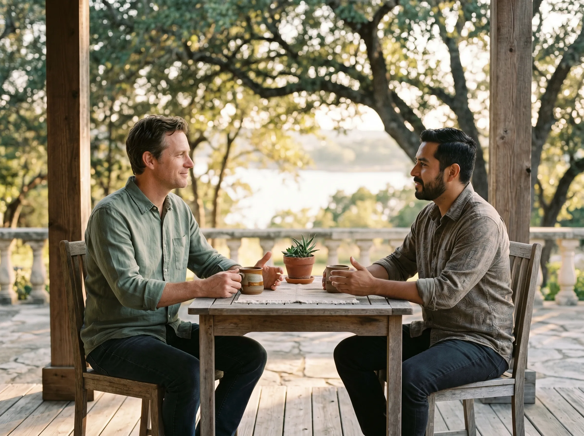 Two men in calm conversation on a Hill Country porch over stoneware mugs, weathered cedar floor underfoot.