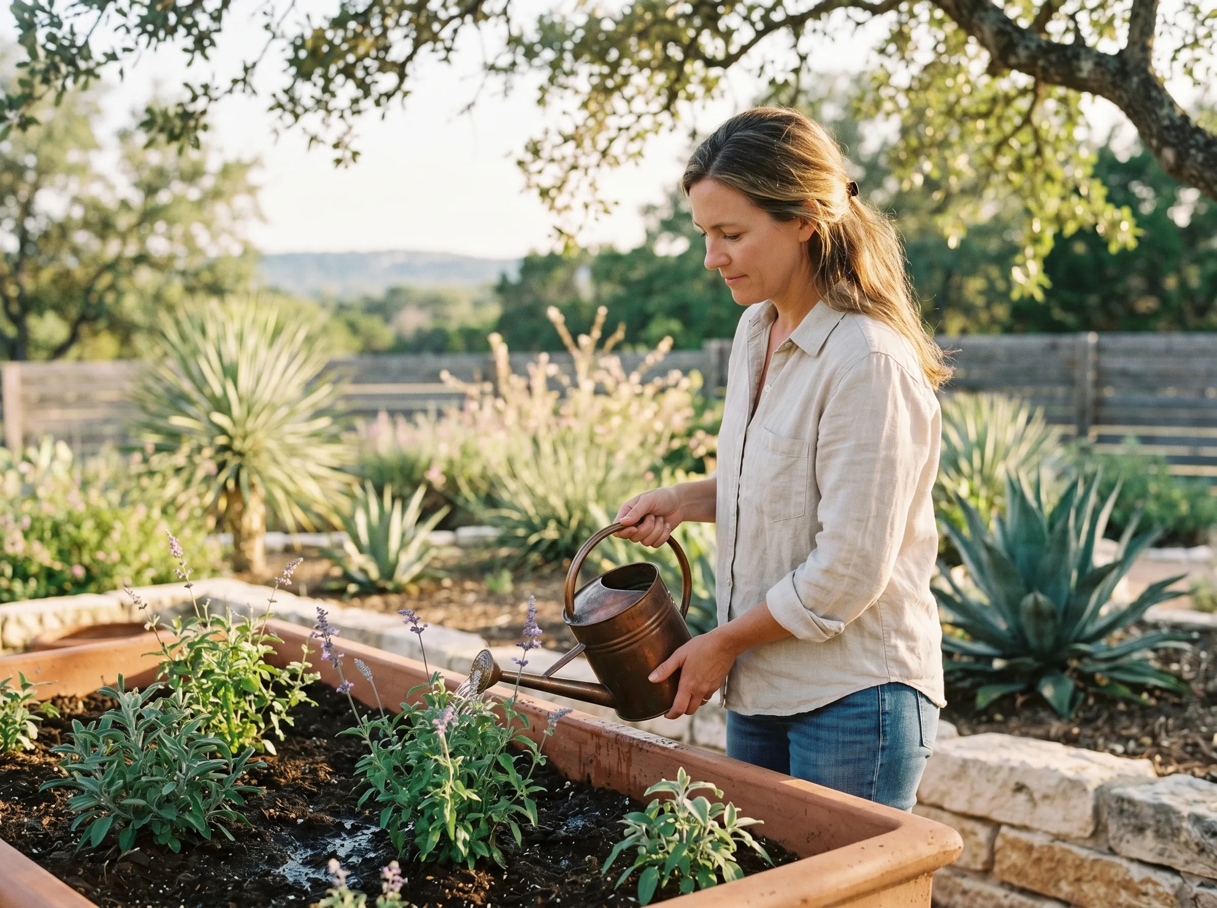 A woman watering native salvia in a terracotta-rimmed garden, agave and limestone visible beyond, late golden light.