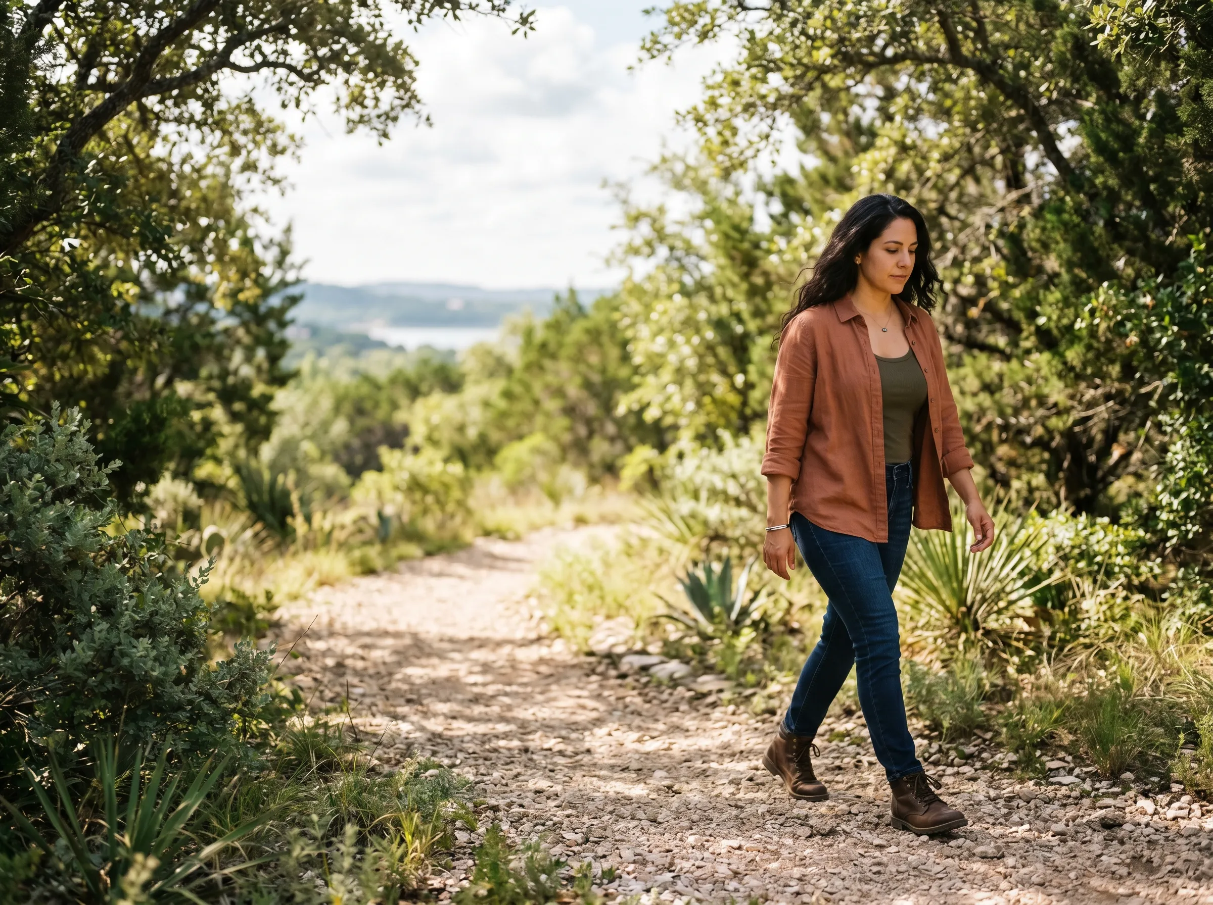 A woman walking a juniper-edged Hill Country trail at mid-morning, dappled live-oak canopy overhead.