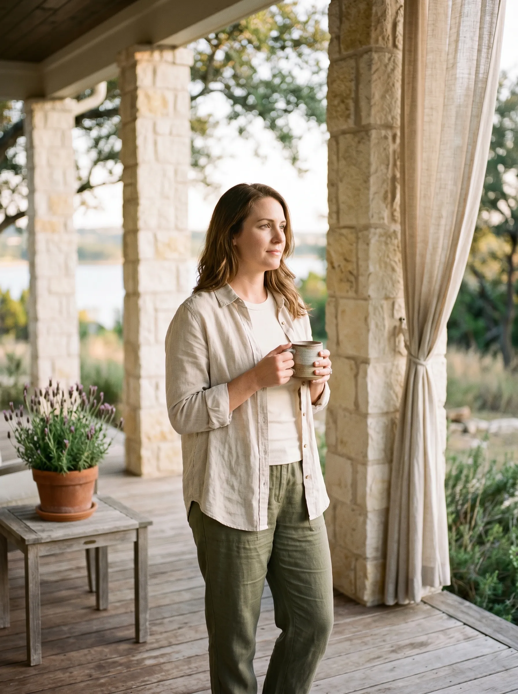 A woman in three-quarter profile on a covered Hill Country porch at late golden afternoon, holding a stoneware mug at chest height, with Lake Travis softly visible in the middle distance.