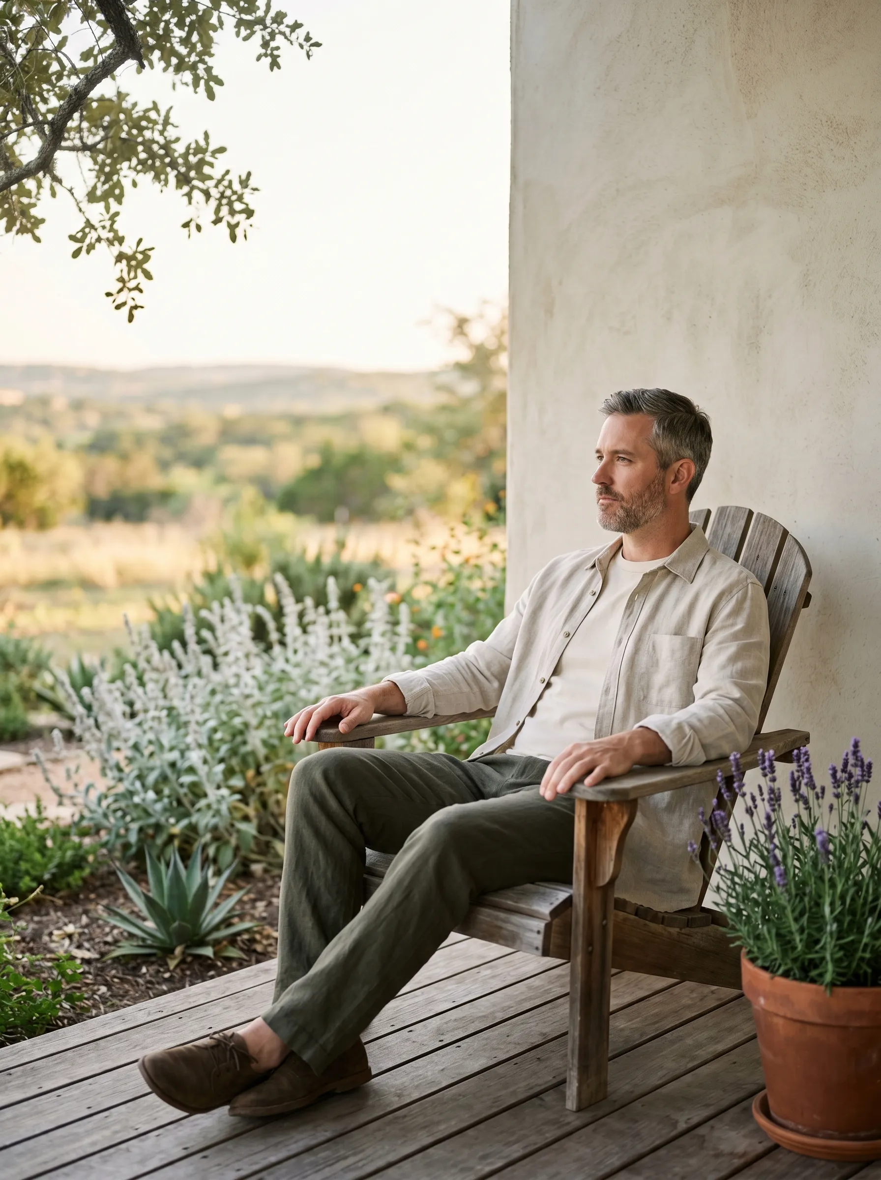 A white man in his early 40s with salt-and-pepper hair, seated three-quarter profile in a weathered cedar Adirondack chair on a covered Hill Country side porch, both hands resting loosely on the chair arms, calm grounded gaze across native silver salvia and Hill Country lavender in late golden afternoon light.