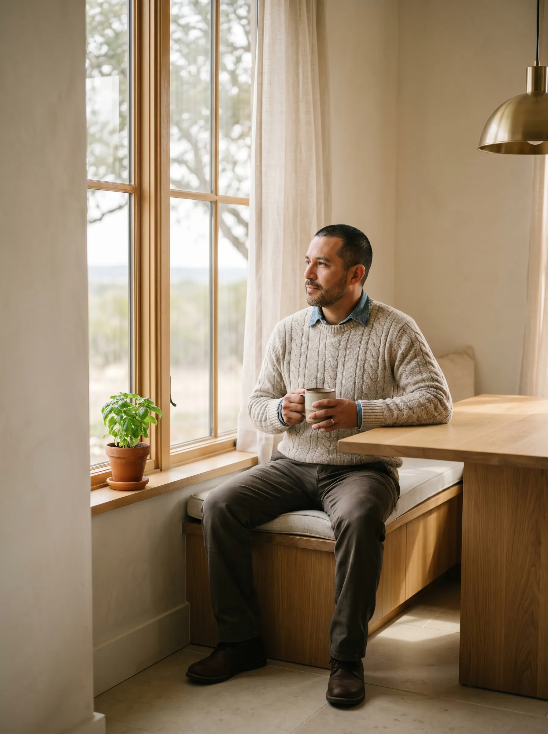 A Hispanic-Latino man in his early 40s with short dark hair and a close-trimmed beard, seated three-quarter profile in a sunlit white-oak breakfast nook beside a tall paned wood-mullion window, both hands wrapped around a stoneware mug at chest height, calm grounded gaze through the glass onto a soft Hill Country horizon.