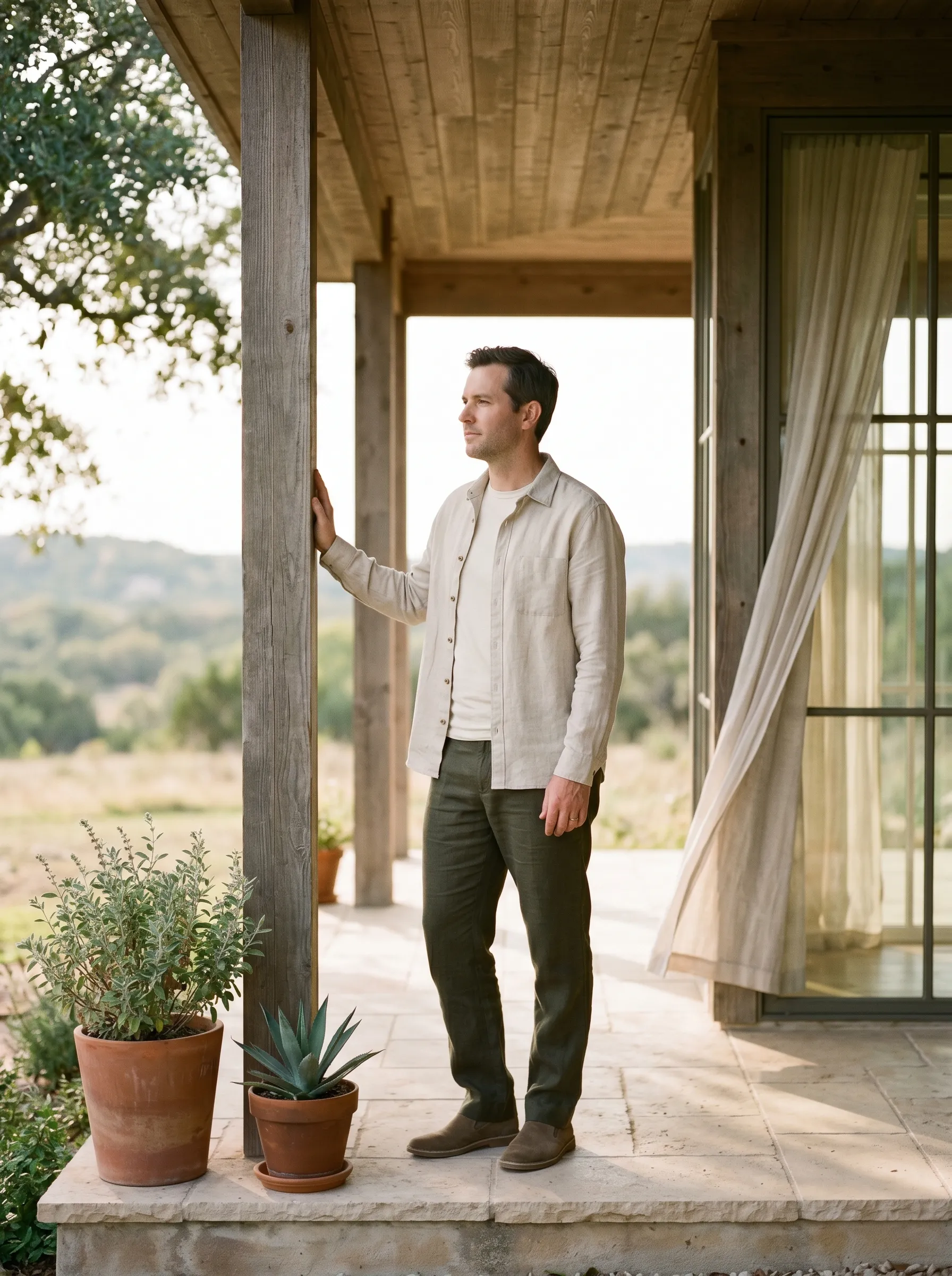A white man in his early 40s standing on a covered limestone porch of a modern Hill Country home, mid-body three-quarter profile, one hand resting on a weathered cedar post, calm grounded gaze toward soft Hill Country middle distance at late golden afternoon.