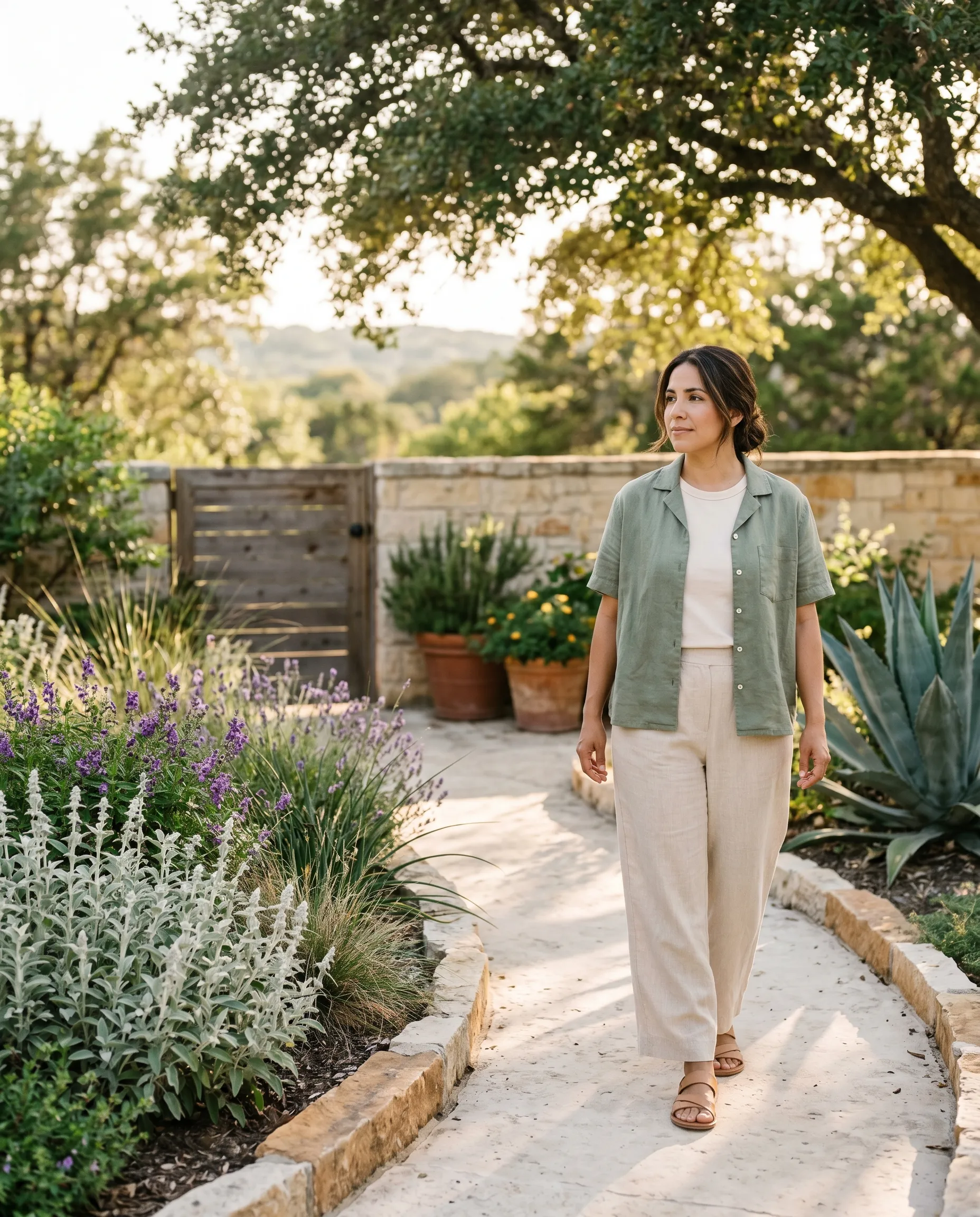 A Hispanic-Latina woman in her late 30s walking calmly along a smooth limestone garden path between agave and silver salvia in a modern Hill Country garden, full body three-quarter profile, relaxed shoulders, dappled live-oak shade and warm late golden afternoon light.