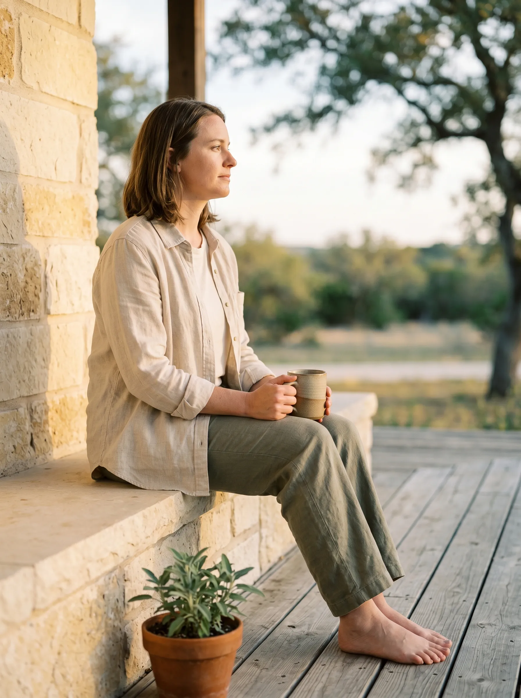 A white woman in her mid-30s seated three-quarter profile on a sun-warmed limestone porch at golden hour, hands wrapped around a stoneware mug of tea, calm grounded gaze across a soft Hill Country horizon.