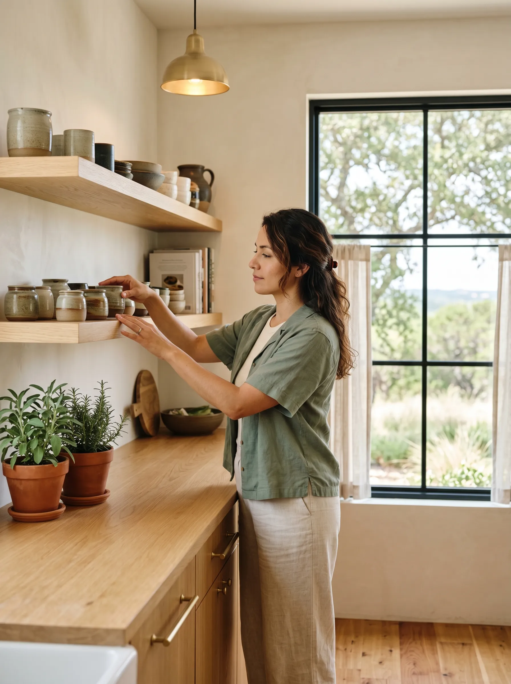 A Hispanic-Latina woman in her late 30s, dark wavy shoulder-length hair softly tied back, sage linen overshirt over a fitted cream tee, mid-body three-quarter profile standing at a sunlit white-oak open shelf in a modern Hill Country kitchen, gently arranging a row of stoneware jars on the shelf, calm grounded focused gaze on her hands in warm late-morning Hill Country light.