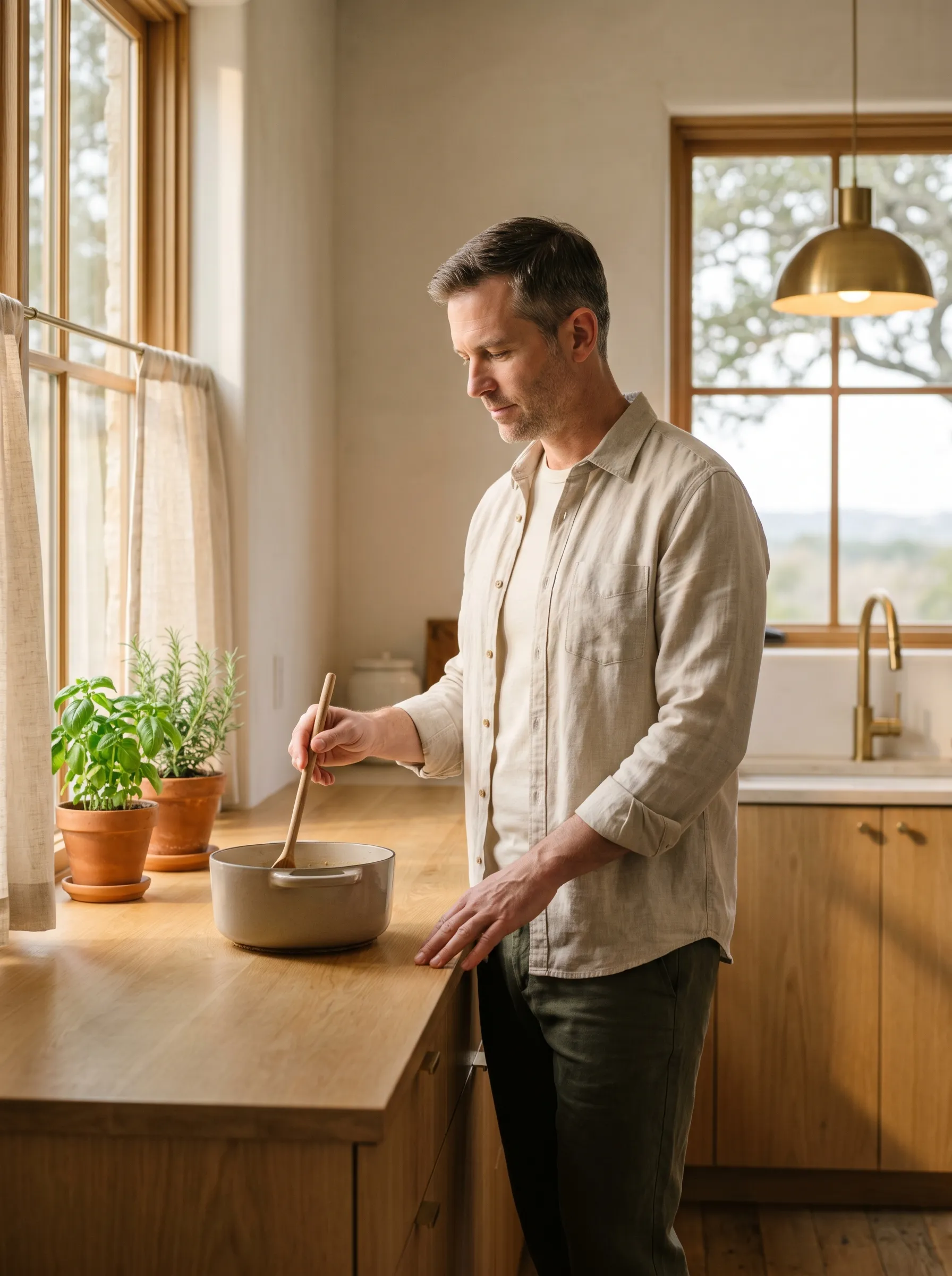 A white man in his mid-40s, short brown hair clean-shaven, oat-linen overshirt rolled at the cuffs over a fitted cream tee and dark olive linen trousers, mid-body three-quarter profile cooking at a sun-warmed white-oak kitchen counter, gently stirring a stoneware pot with a long wooden spoon, calm grounded focused gaze on the pot, warm late-morning Hill Country light through a tall paned wood-mullion window beyond.