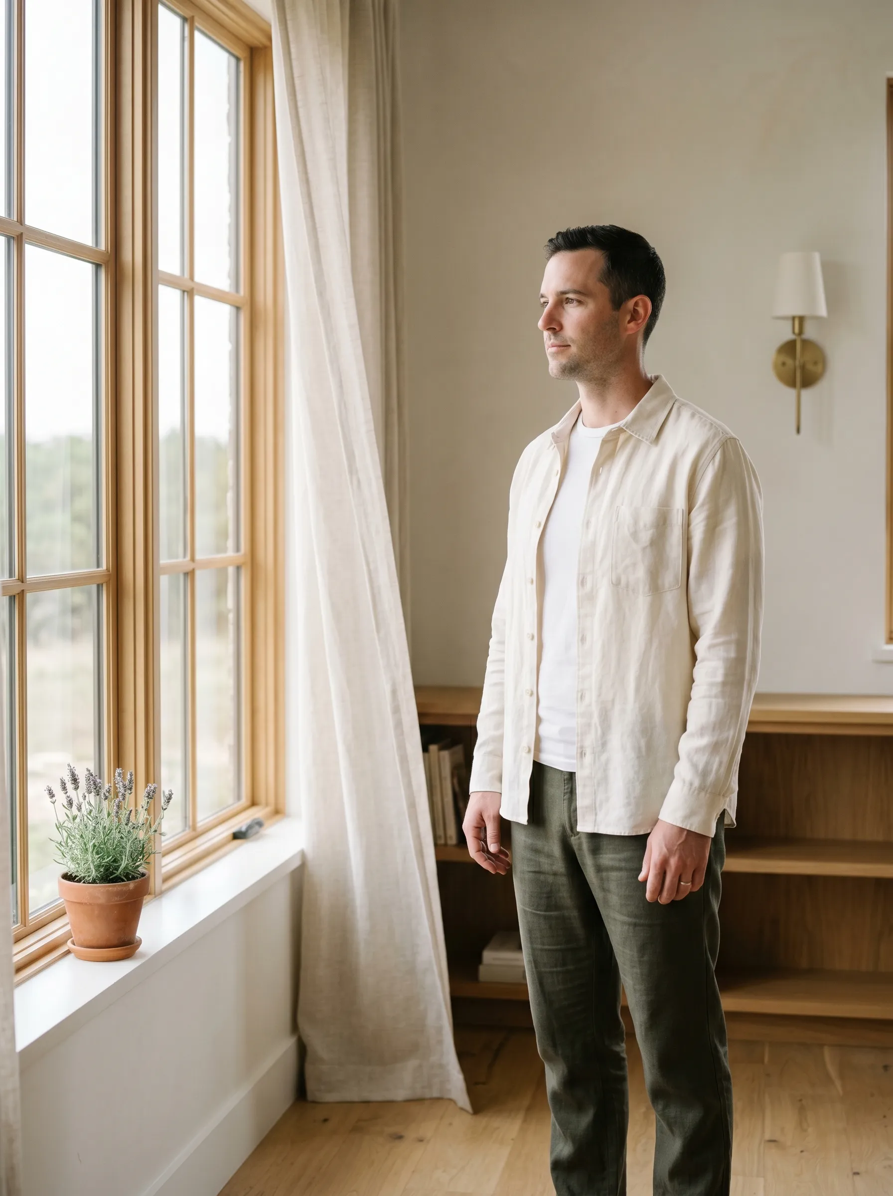 A white man in his late 30s, soft cream linen overshirt over a fitted white tee and dark olive linen trousers, mid-body standing three-quarter profile in a sunlit modern Hill Country home study beside a tall paned wood-mullion window, calm grounded reflective gaze through the glass onto a soft Hill Country horizon, low warm-oak bookshelf in soft bokeh behind him, terracotta pot of Hill Country lavender on the windowsill in late-morning light.