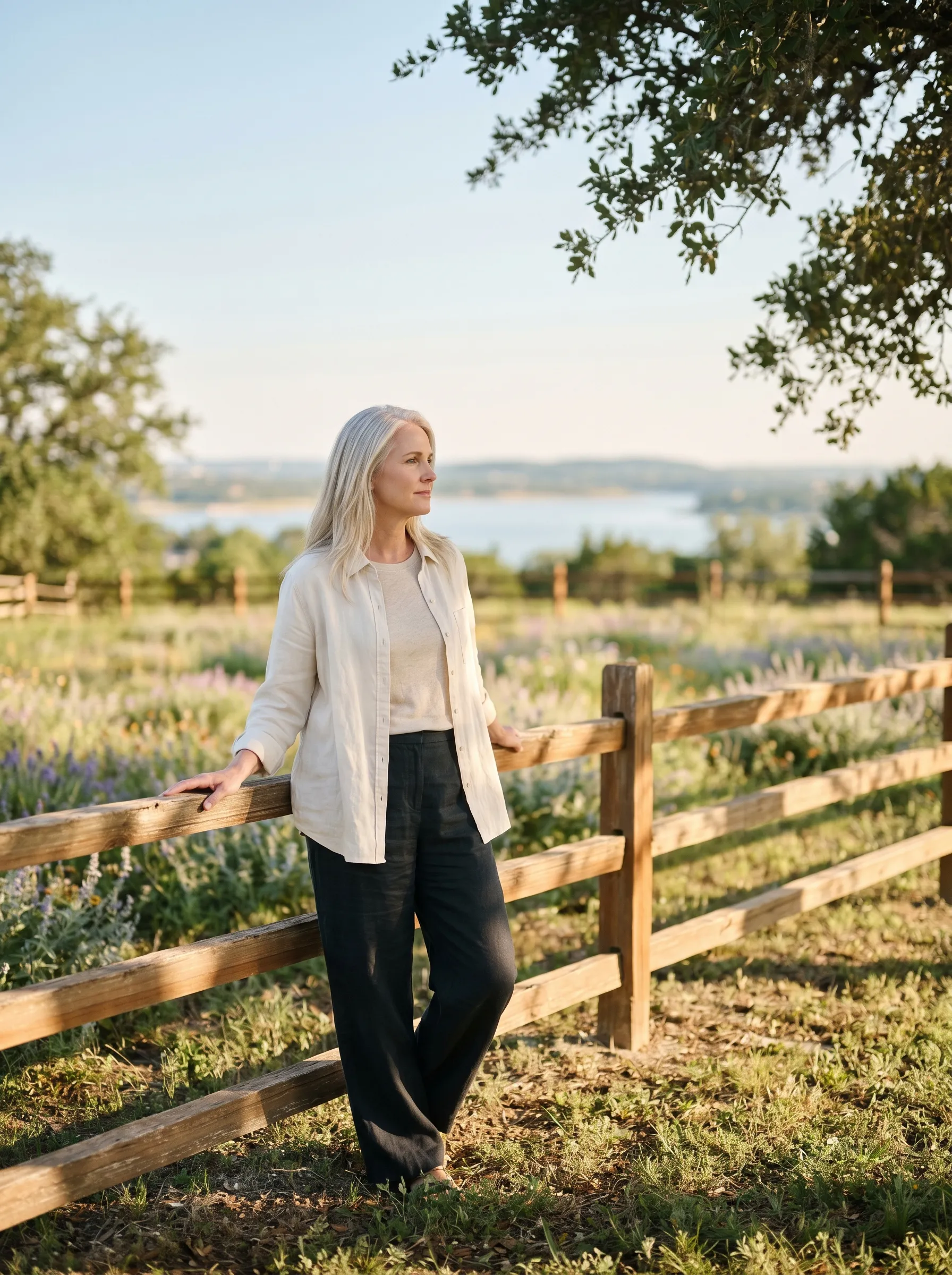 A white woman in her late 40s with shoulder-length silver-blonde hair worn loose, leaning lightly against a weathered cedar fence rail at the edge of a Hill Country wildflower meadow, hands loose on the rail, calm grounded gaze toward Lake Travis horizon bokeh, soft late golden afternoon light.