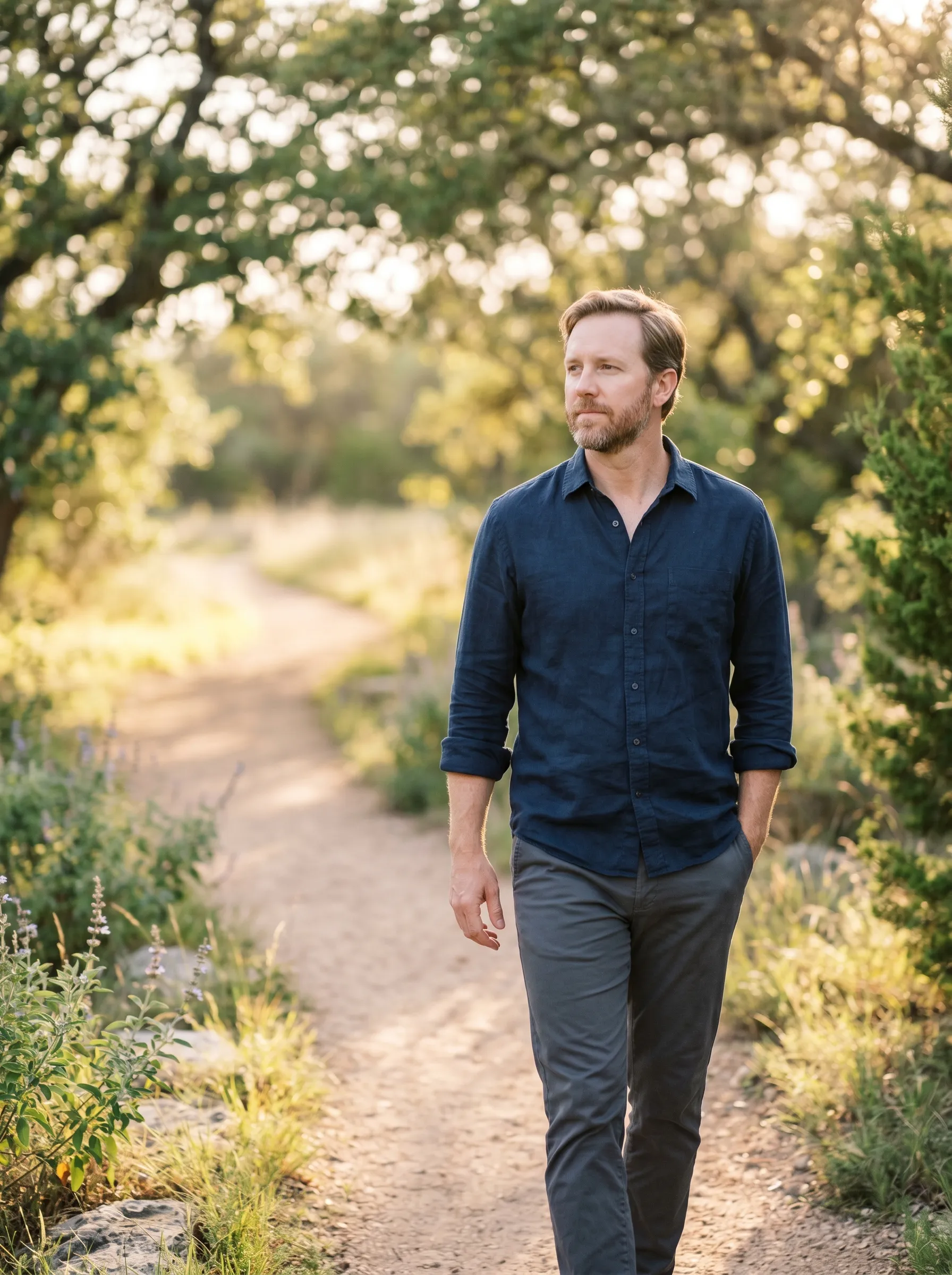 A white man in his early 40s walking alone along a smooth dirt path through dappled live-oak canopy at late golden hour in the Texas Hill Country, native salvia and juniper at the path edges, thoughtful and grounded.