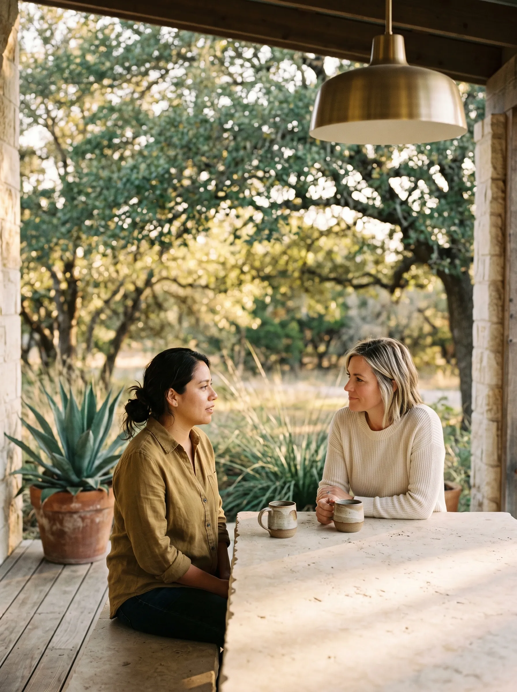 A Hispanic woman in her mid 30s and her white friend in her early 40s seated across a sun-warmed limestone table on a covered porch of a modern Hill Country home at late afternoon, stoneware mugs of coffee between them, dappled live-oak shade and brushed-brass pendant overhead, calm and engaged in conversation.