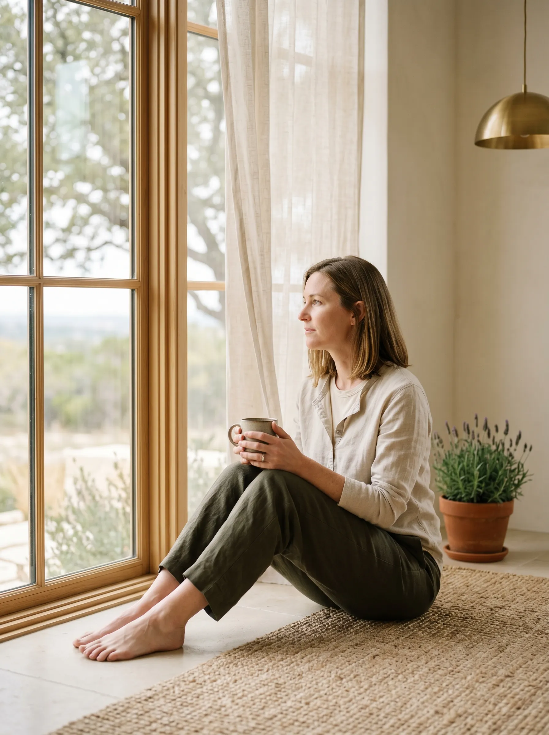 A white woman in her early 40s seated three-quarter profile on a woven jute floor mat in a sunlit white-oak movement nook, both hands wrapped around a stoneware mug at chest, calm grounded gaze through a tall paned wood-mullion window onto a soft live-oak canopy at warm late-morning Hill Country light.